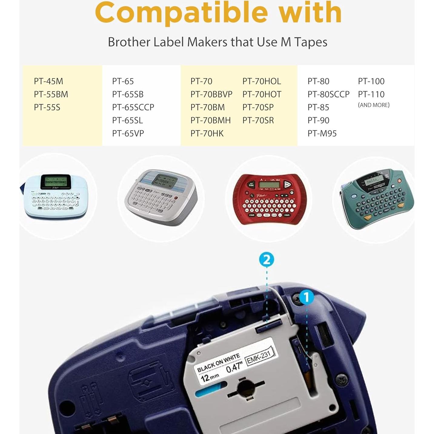 Paquete de 6 cintas compatibles Brother M-K231 12mm blancas