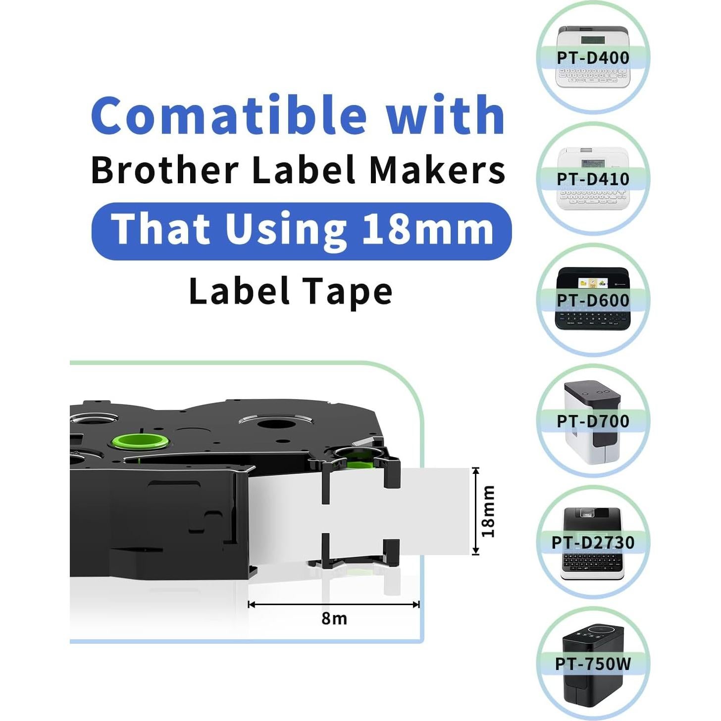 Cinta de Etiqueta Oozmas 18mm Negro sobre Blanco TZe-241