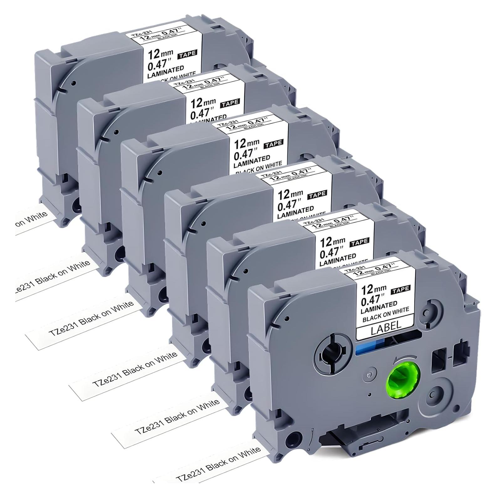 Cinta de Etiquetadora 12mm Esser TZe-231 Negro sobre Blanco - Paquete de 6