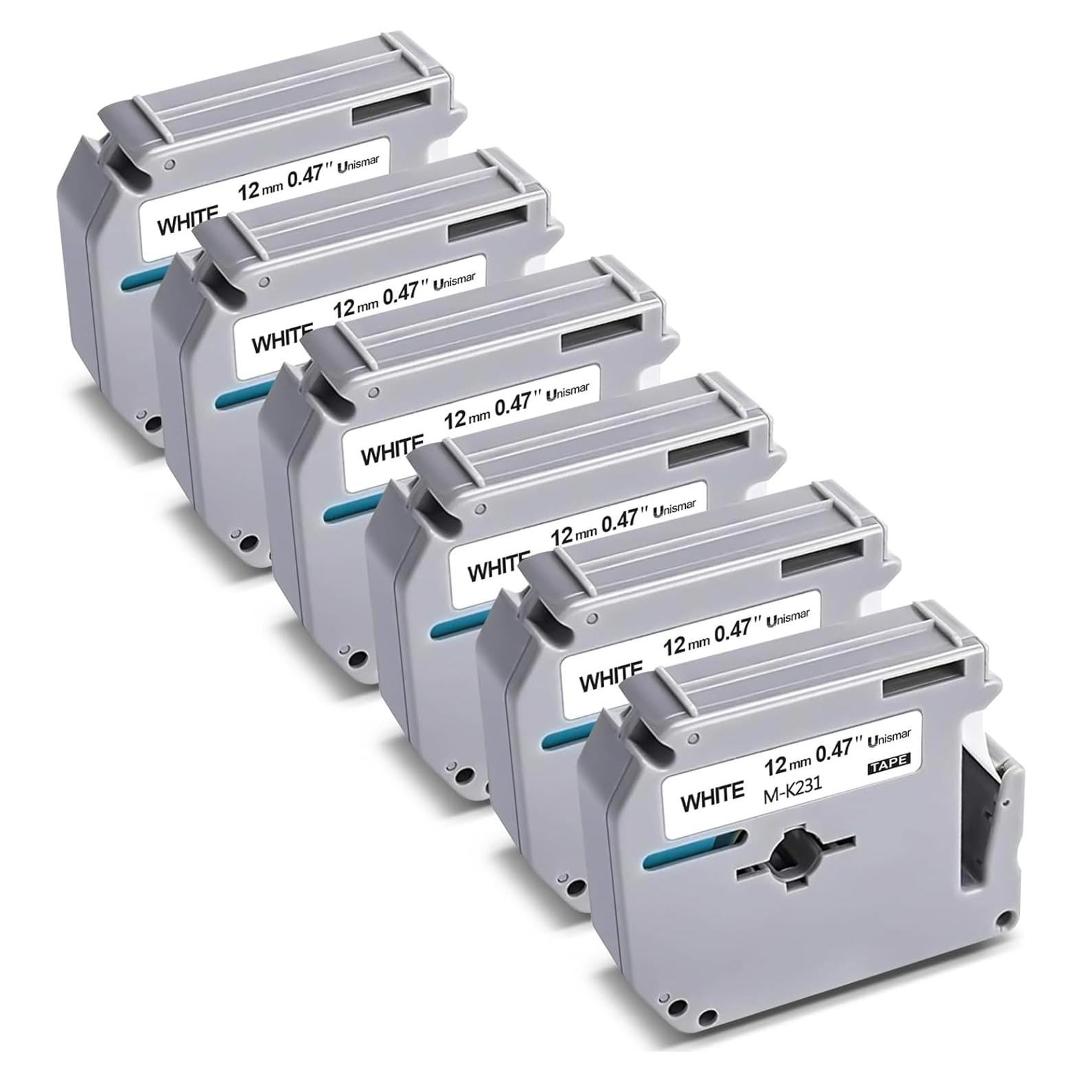 Paquete de 6 Cintas de Etiquetas Unismar M-K231 12mm Negro sobre Blanco