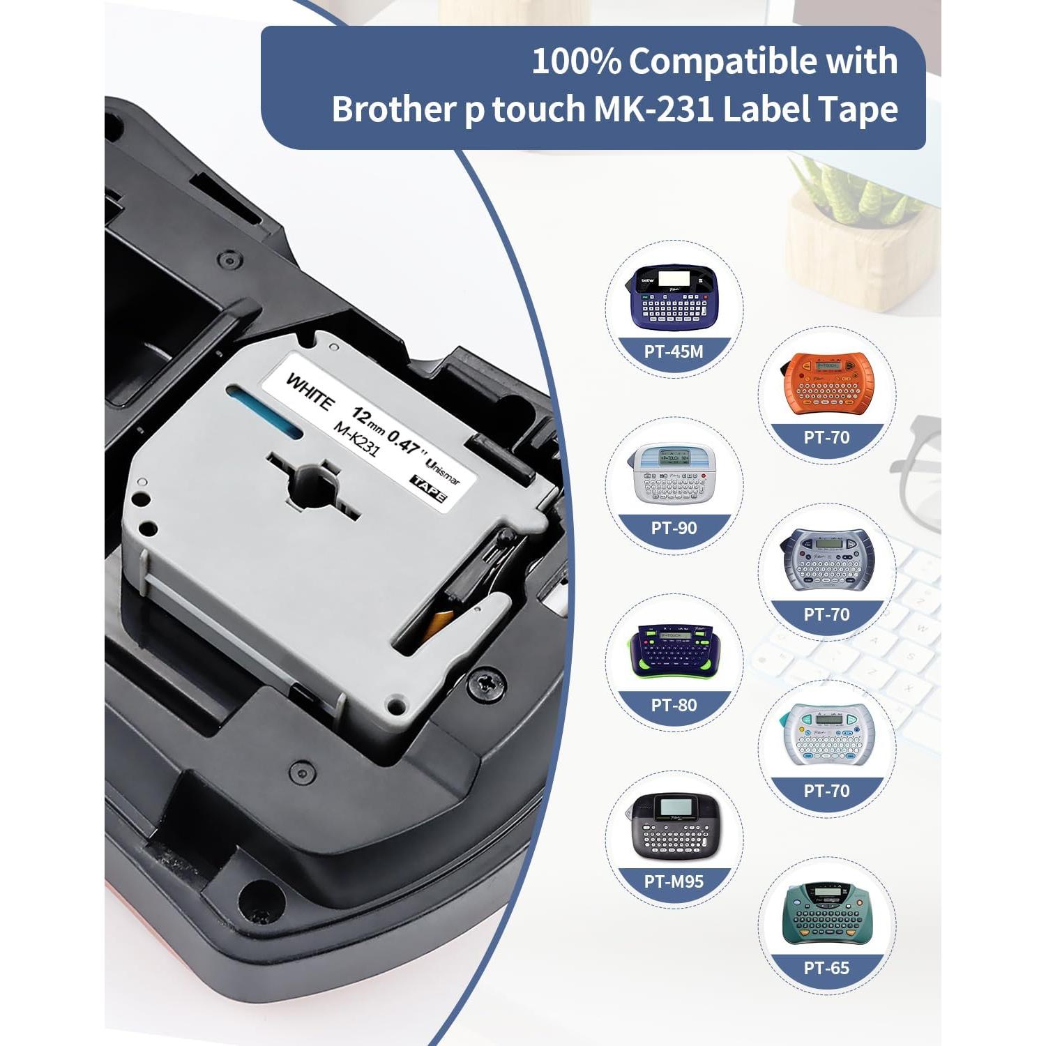 Paquete de 6 Cintas de Etiquetas Unismar M-K231 12mm Negro sobre Blanco