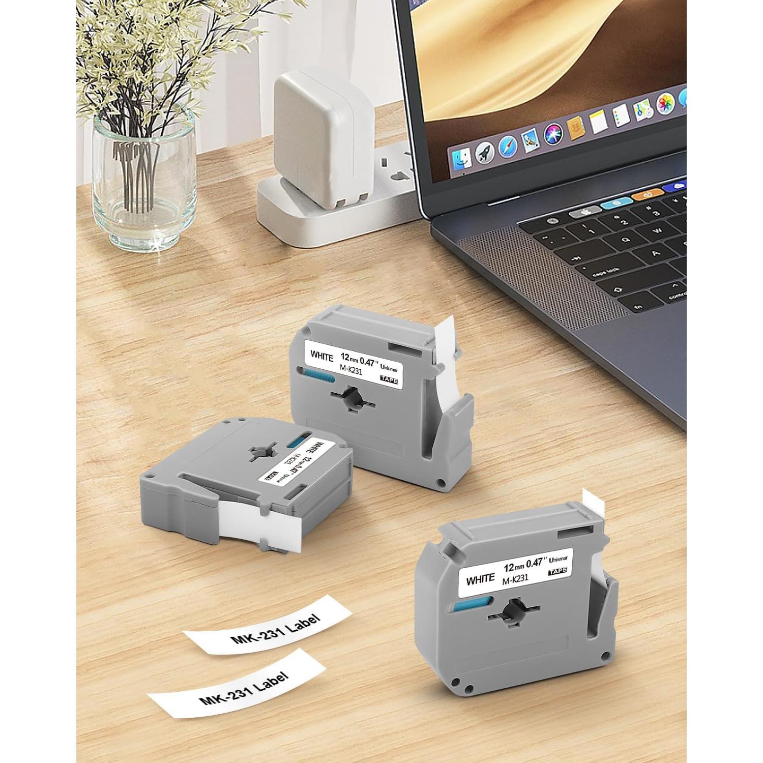 Paquete de 6 Cintas de Etiquetas Unismar M-K231 12mm Negro sobre Blanco