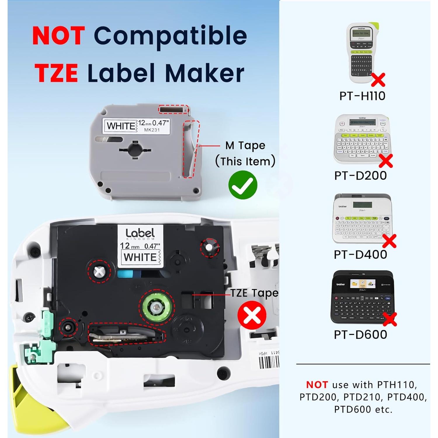 Paquete de 6 cintas de color 12mm Label KINGDOM para Brother