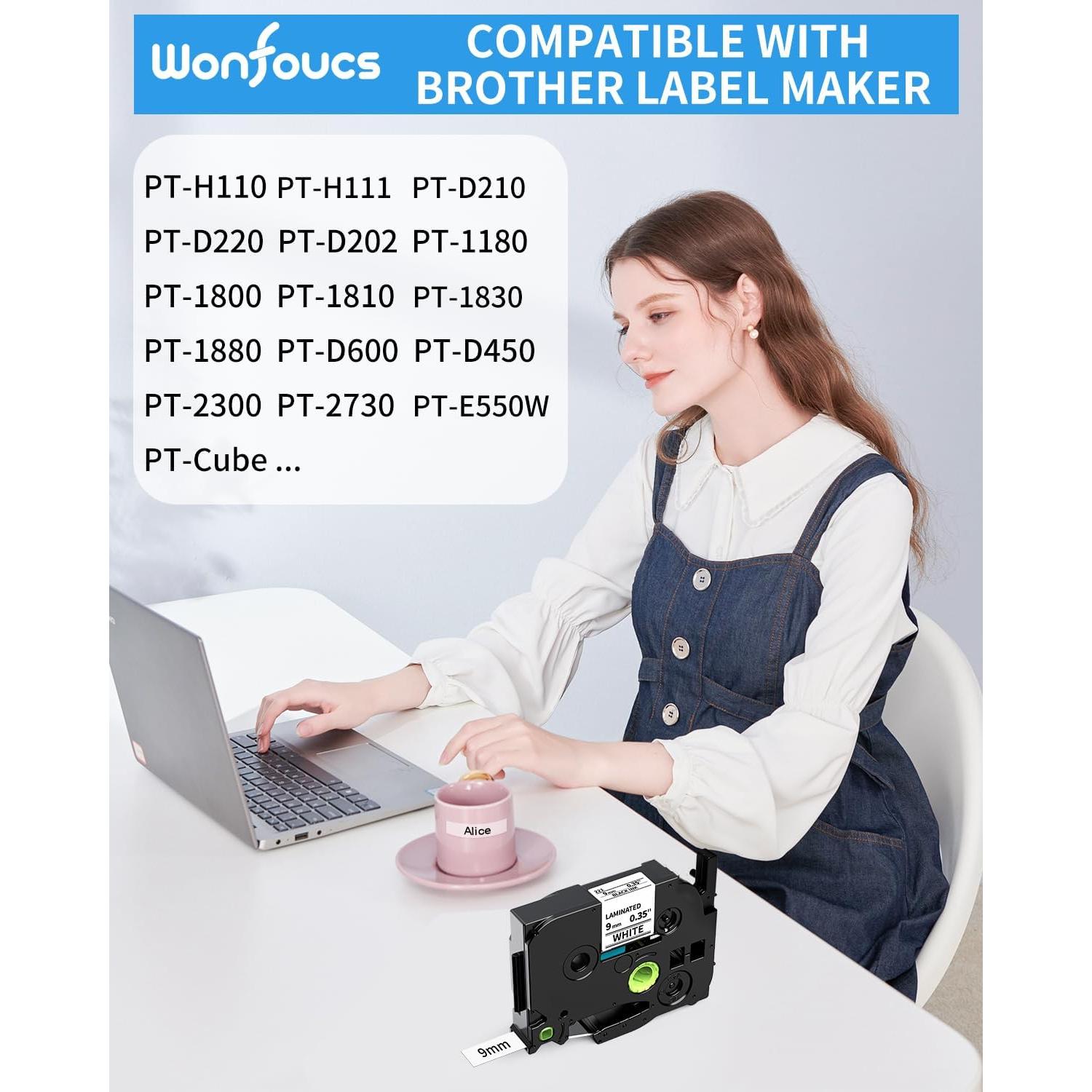 Cinta de Etiquetas Wonfoucs TZe-221 9mm Negro sobre Blanco - Paquete de 4