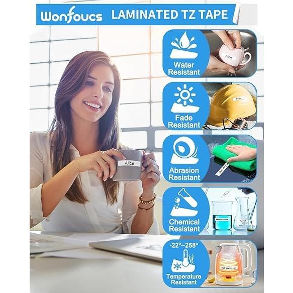 Cinta de Etiquetas Wonfoucs TZe-221 9mm Negro sobre Blanco - Paquete de 4