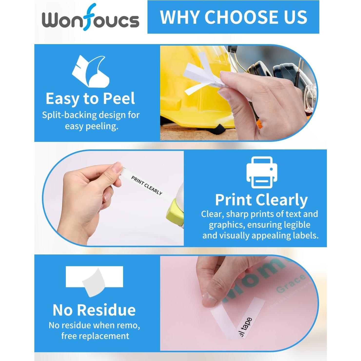 Cinta de Etiquetas Wonfoucs TZe-221 9mm Negro sobre Blanco - Paquete de 4