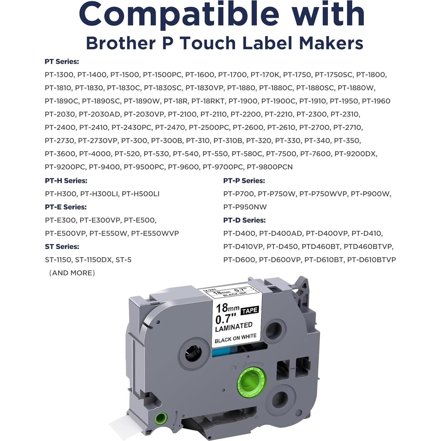 Cinta de Etiquetas Laminadas JOJOME TZe-241 18mm Negro sobre Blanco