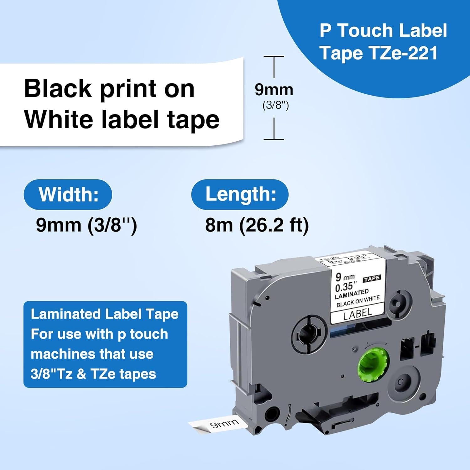 Cinta de Etiquetas Laminadas Kappiek TZe-221 9mm Negro sobre Blanco