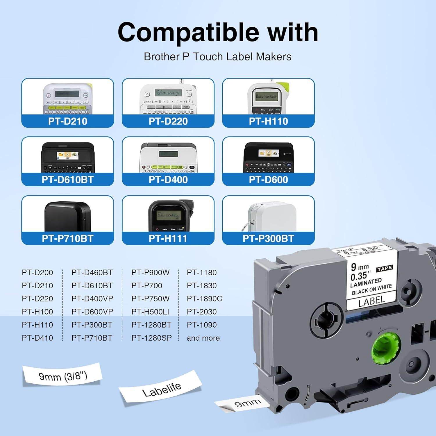 Cinta de Etiquetas Laminadas Kappiek TZe-221 9mm Negro sobre Blanco