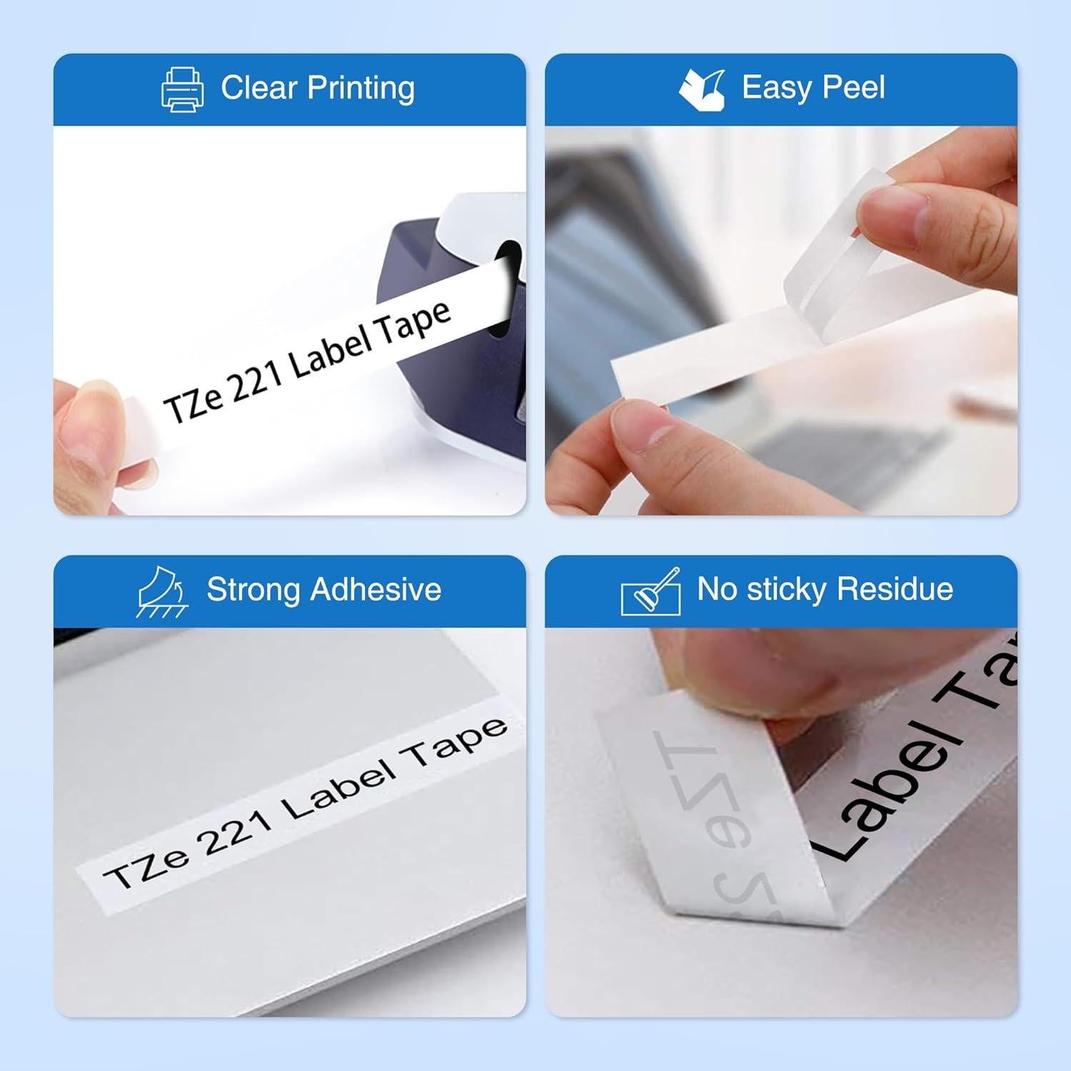 Cinta de Etiquetas Laminadas Kappiek TZe-221 9mm Negro sobre Blanco