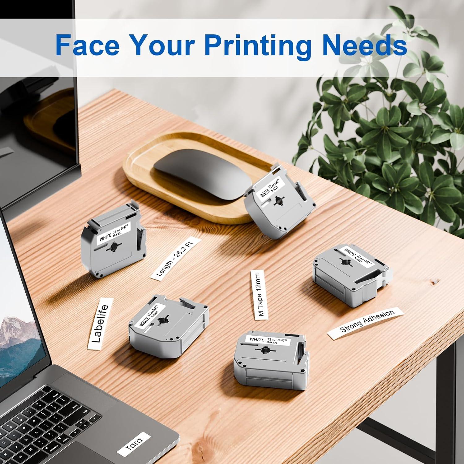 Cinta de Etiquetas Labelife M-K231 12mm 5 Paquetes Negro sobre Blanco