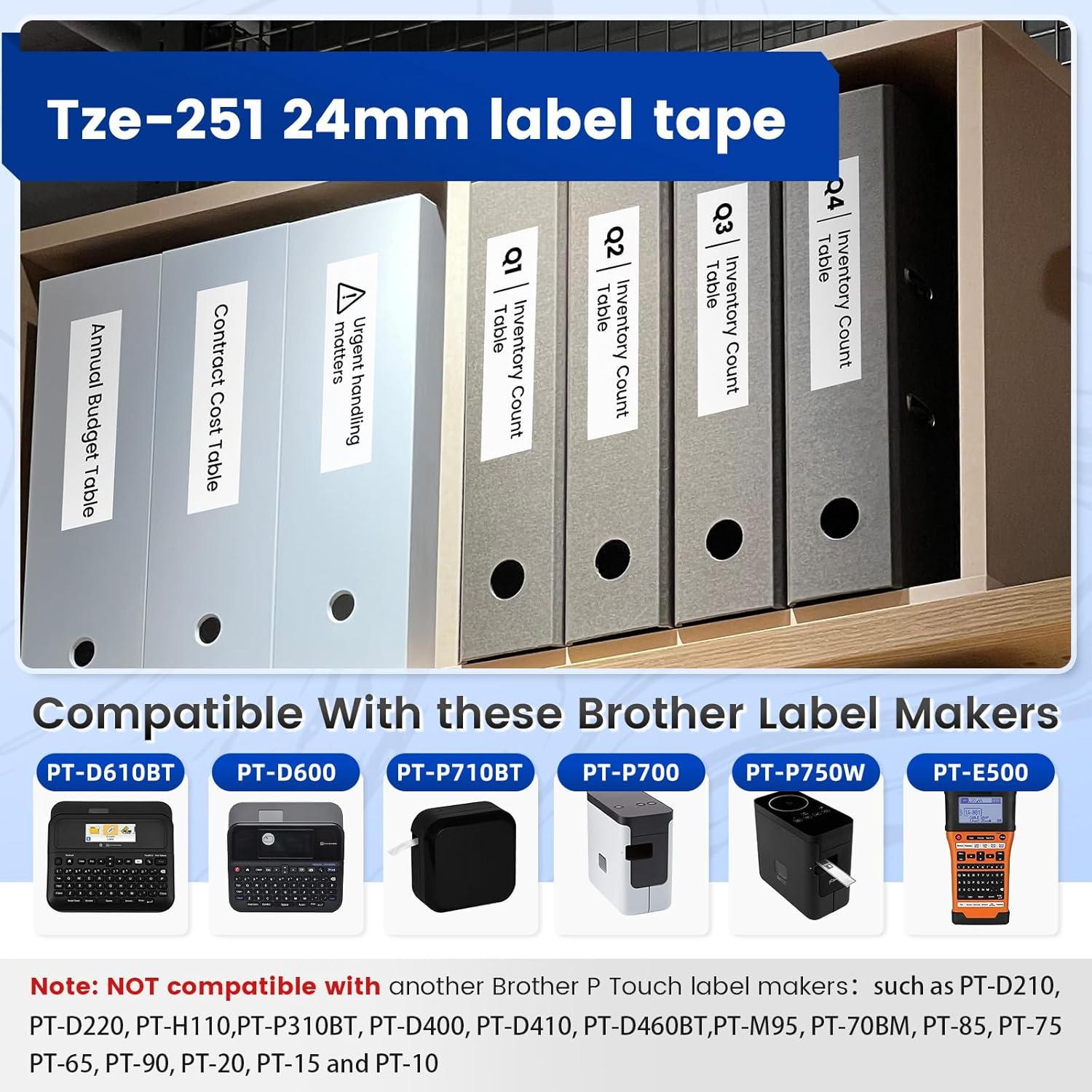 Cinta de Etiquetas Laminada Suminey TZe-251 24mm Negra sobre Blanca - Paquete de 5