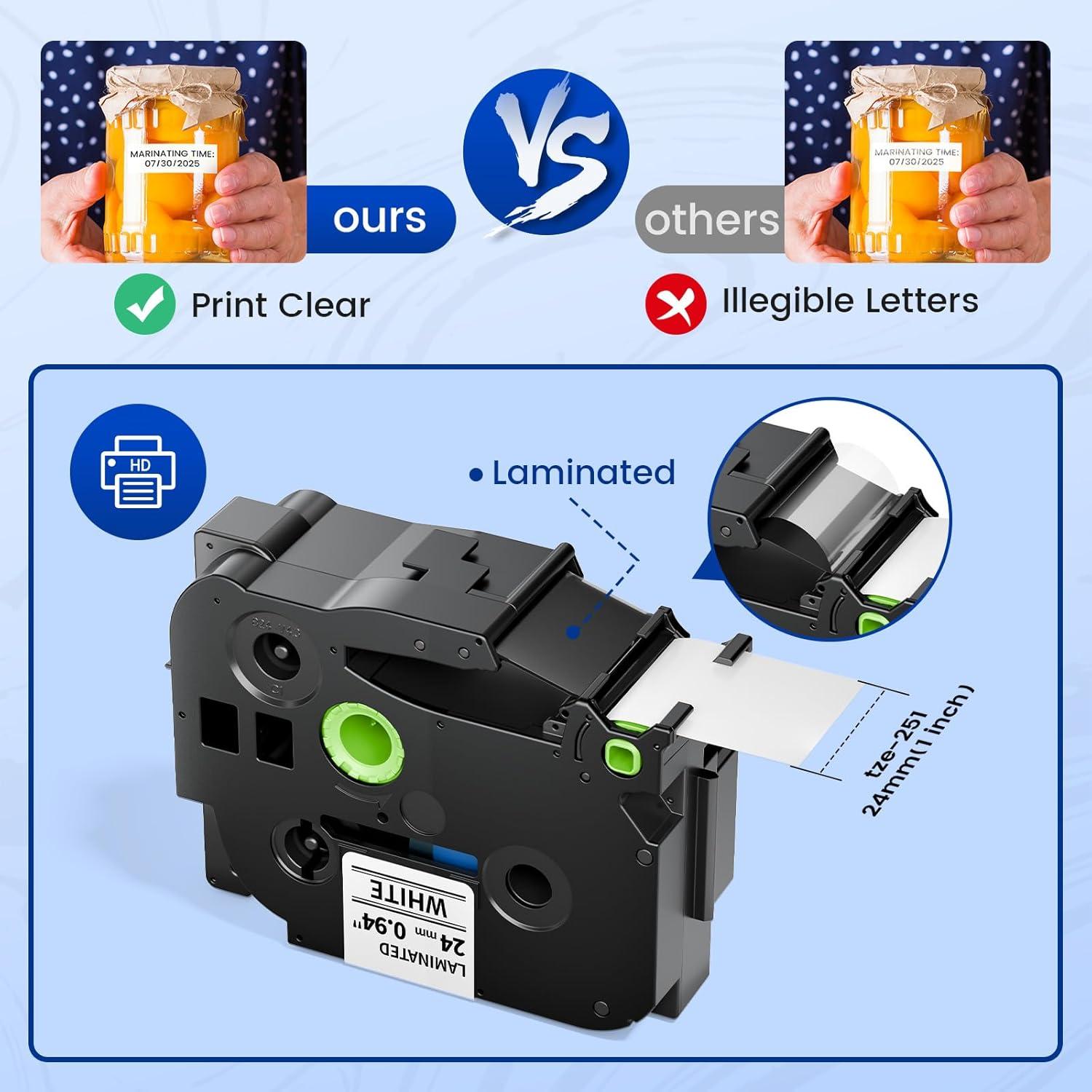 Cinta de Etiquetas Laminada Suminey TZe-251 24mm Negra sobre Blanca - Paquete de 5