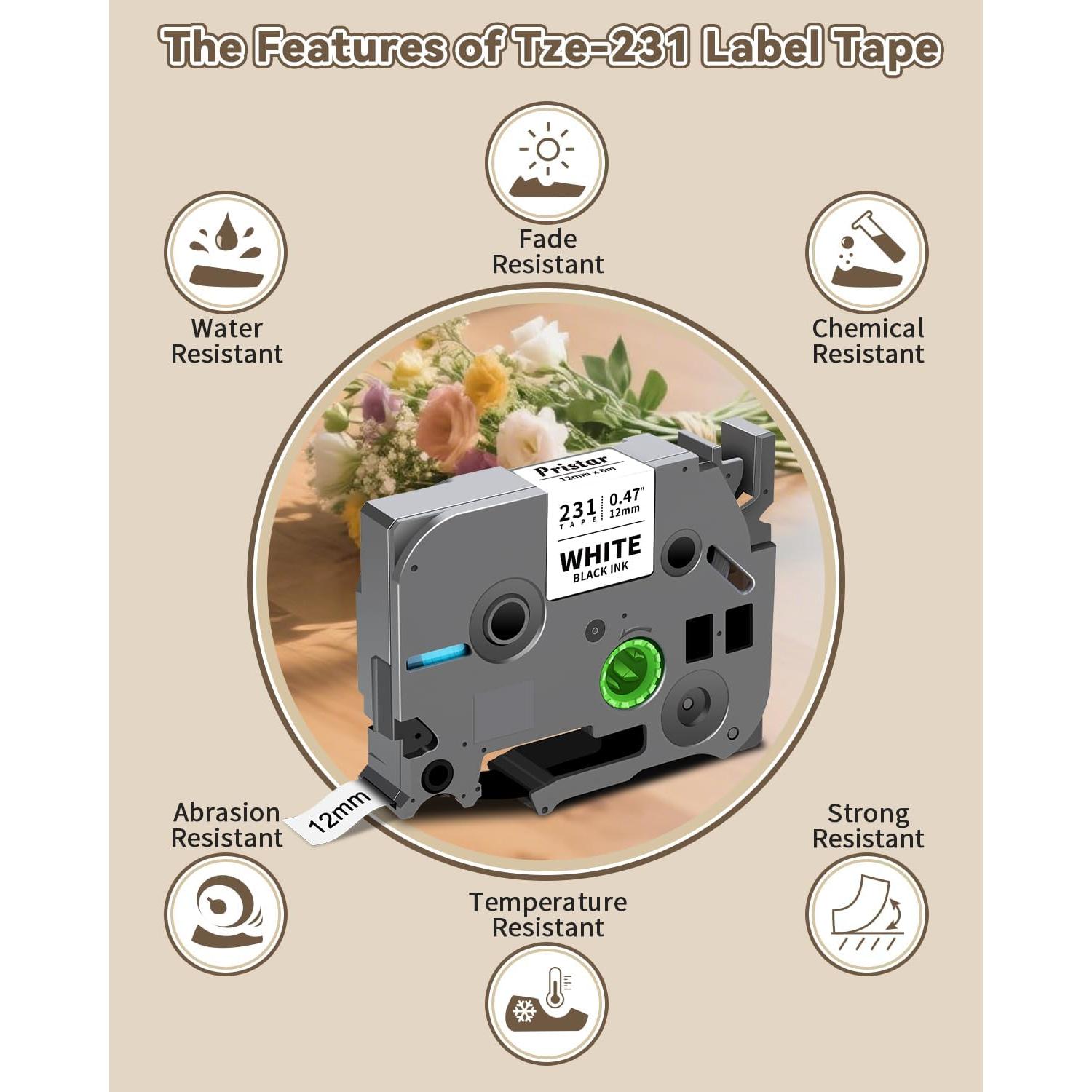Cinta de Etiqueta Pristar TZe-231 12mm Negro sobre Blanco 6 Unidades