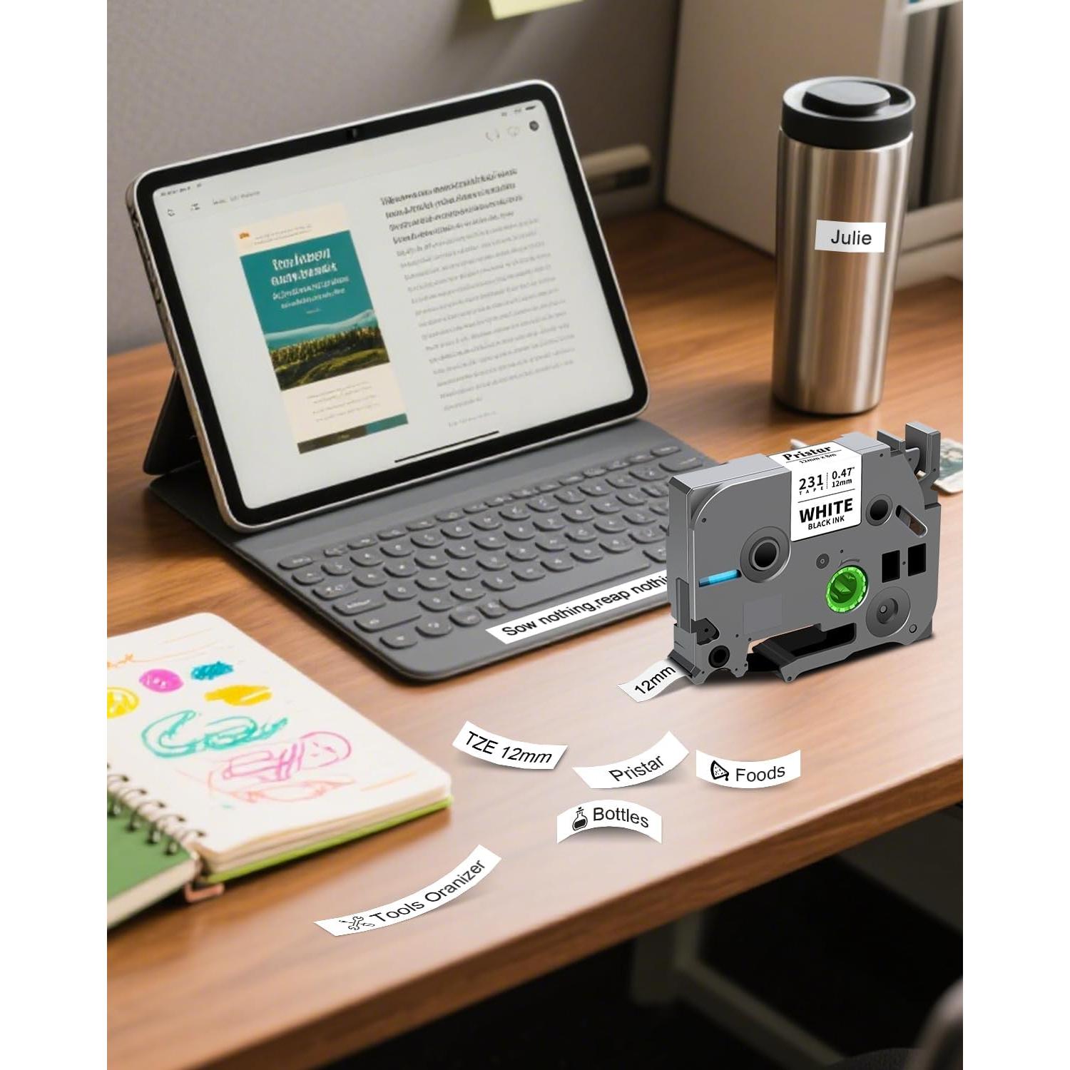 Cinta de Etiqueta Pristar TZe-231 12mm Negro sobre Blanco 6 Unidades