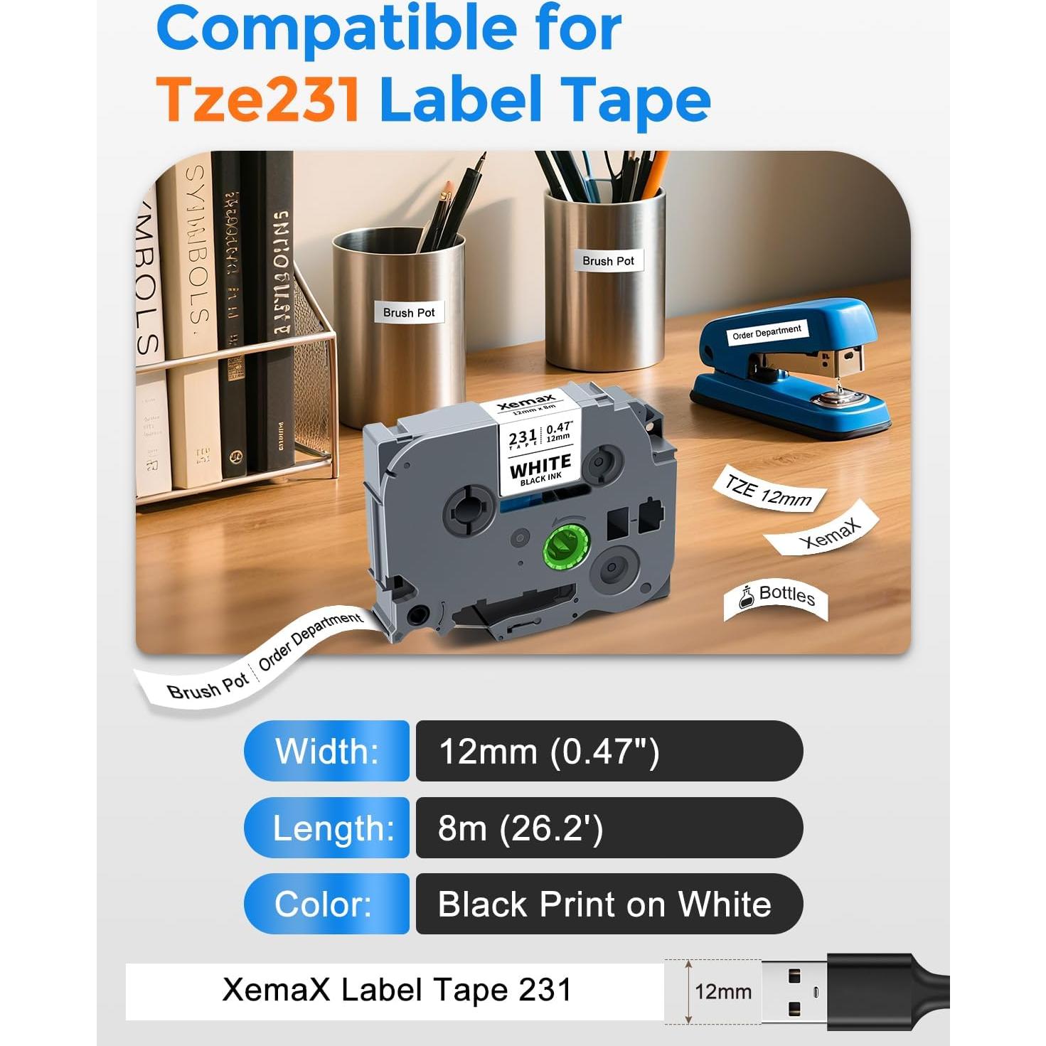 Paquete de 5 Cintas de Etiqueta 12mm XemaX Laminadas Blancas