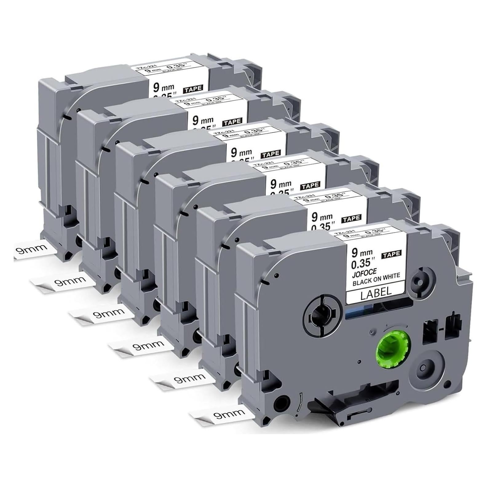 Cinta de Etiqueta JOJOME TZe-221 9mm Negro sobre Blanco 6-Pack