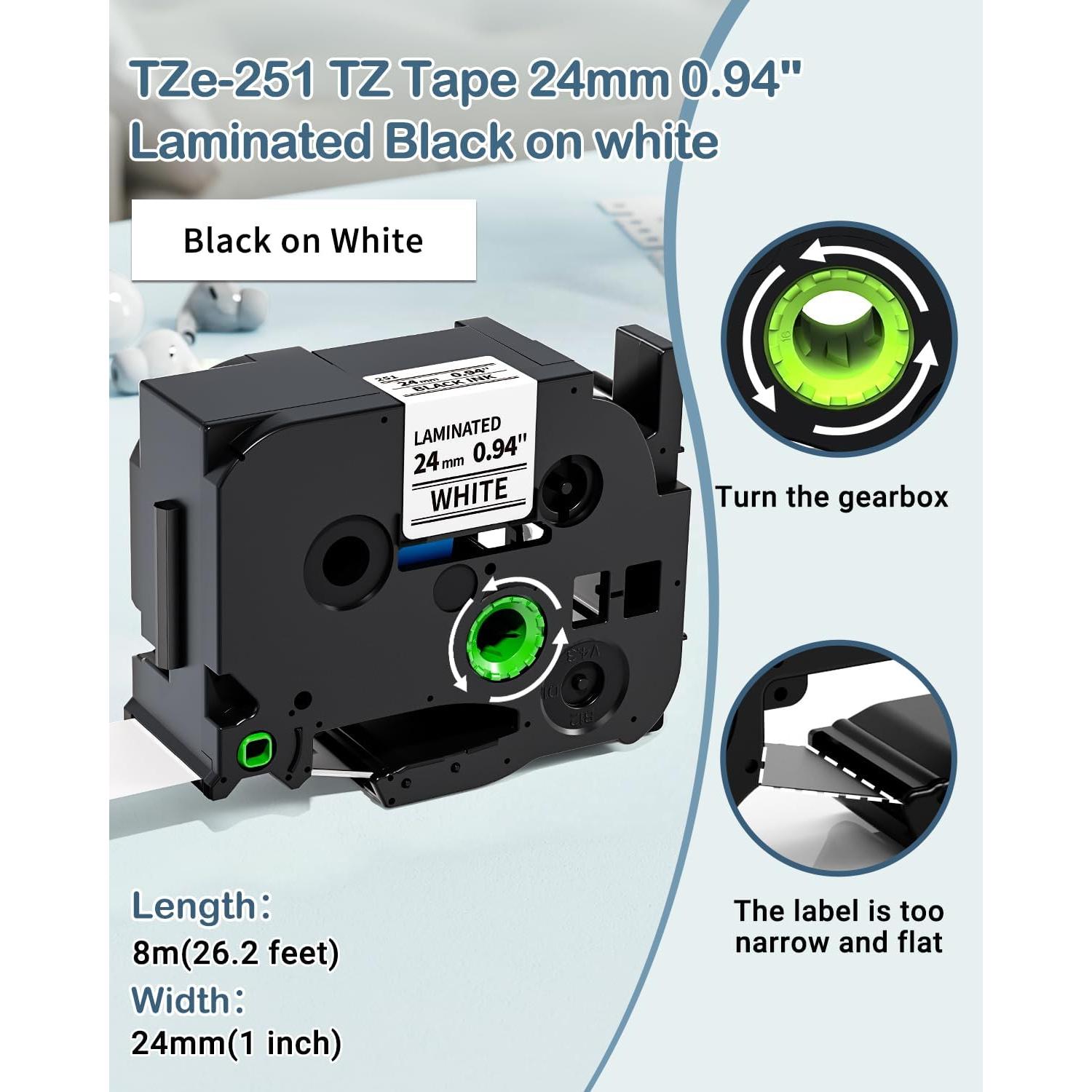 Cinta de Etiqueta Laminada 24mm MarkDomain TZe-251 Negro sobre Blanco