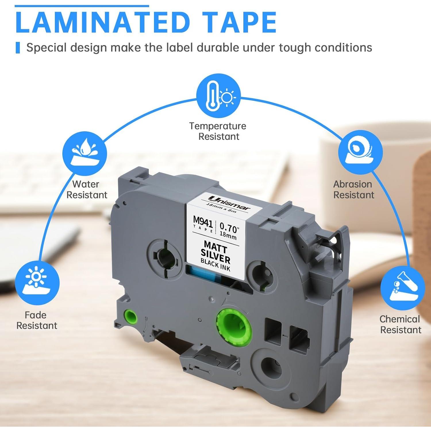 Cinta de Etiquetas Laminada Unismar TZe-M941 18mm Negro Plata 2-Pack