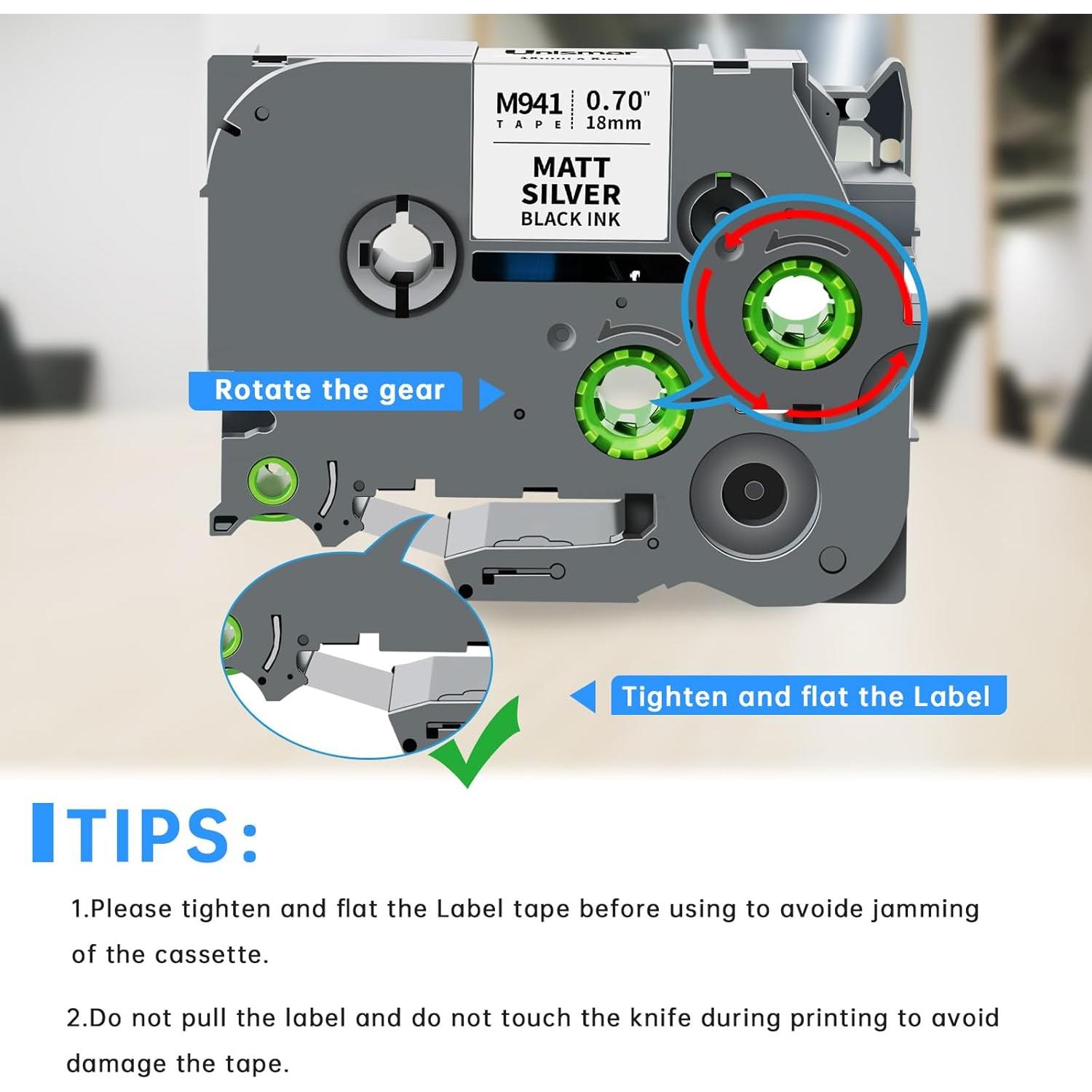 Cinta de Etiquetas Laminada Unismar TZe-M941 18mm Negro Plata 2-Pack