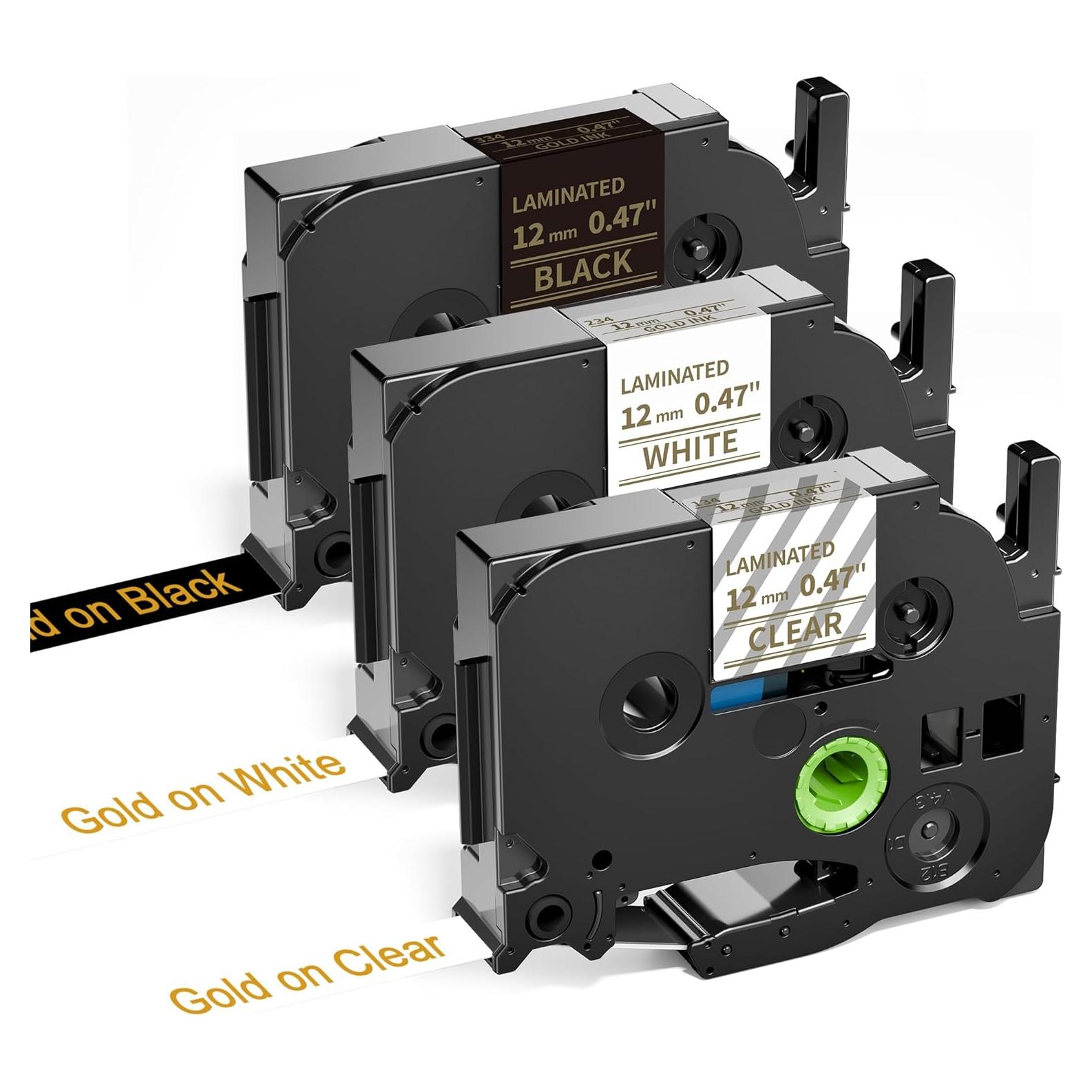 Cinta de Etiqueta Greateam 12mm Dorado sobre Transparente 3-Pack