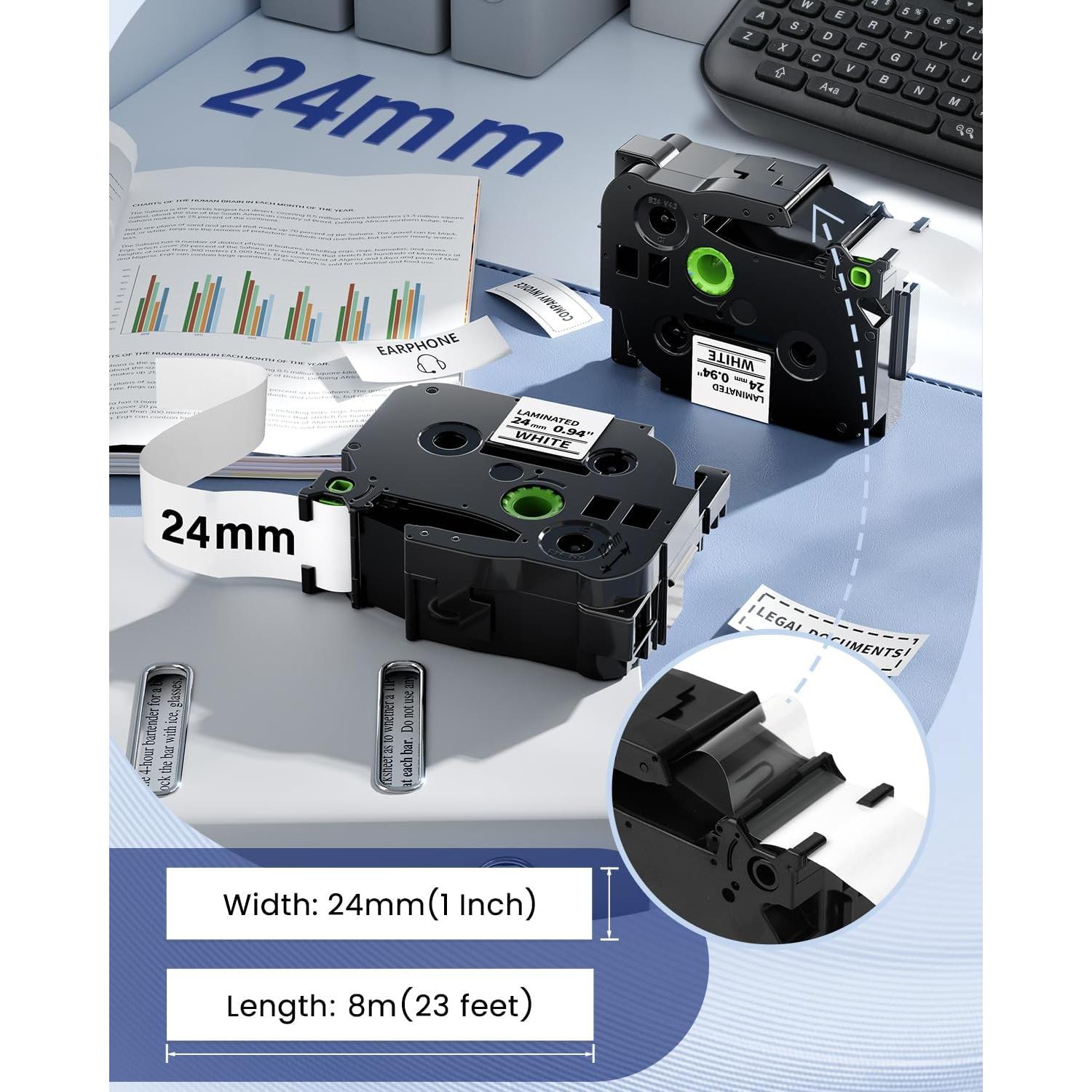 Cinta de Etiquetas Laminada Anycolor TZe-251 24mm Negro sobre Blanco - Paquete de 5