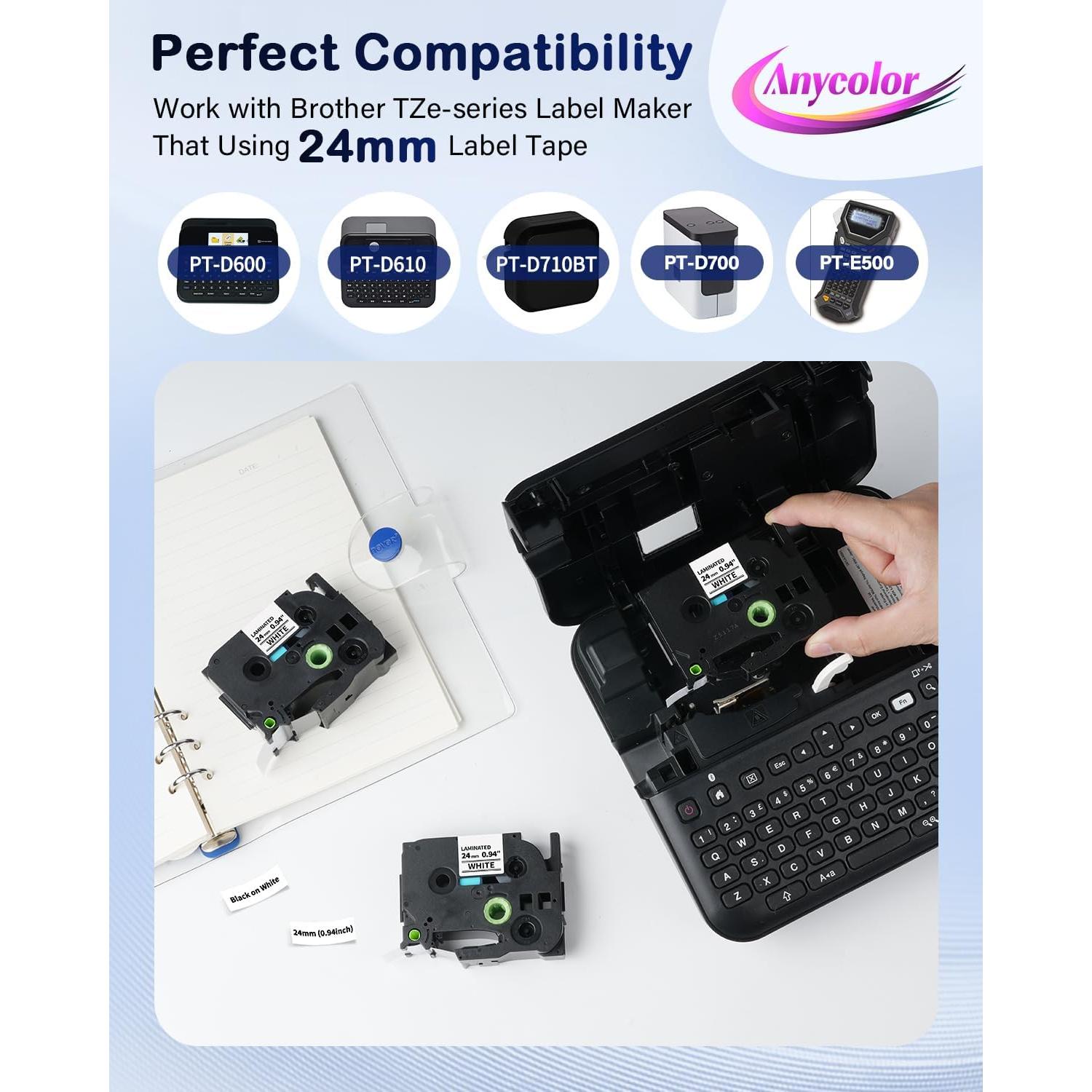 Cinta de Etiquetas Laminada Anycolor TZe-251 24mm Negro sobre Blanco - Paquete de 5