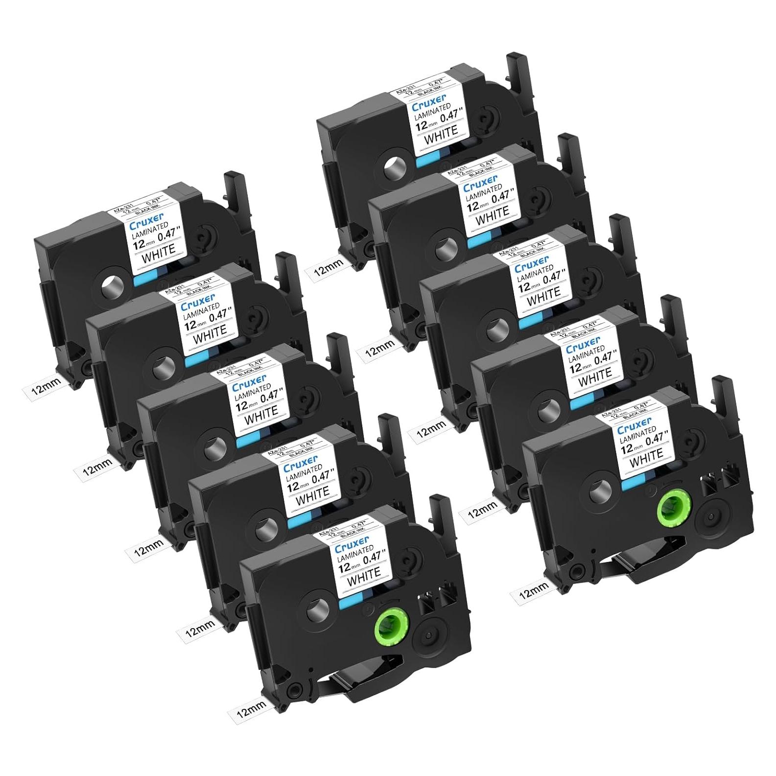 Cinta de Etiqueta Laminada Cruxer TZe-231 12mm Negra sobre Blanca - 10 Paquete
