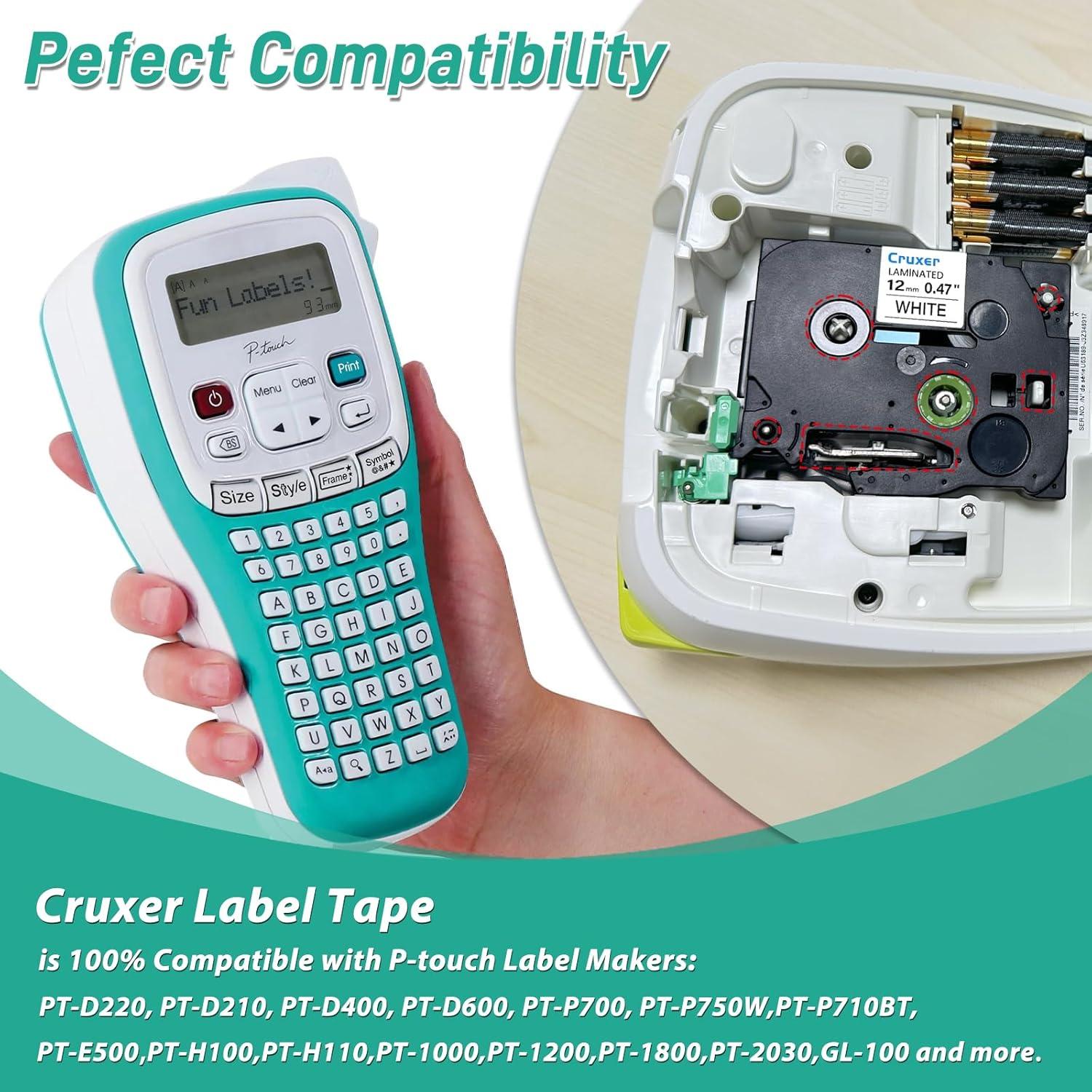 Cinta de Etiqueta Laminada Cruxer TZe-231 12mm Negra sobre Blanca - 10 Paquete