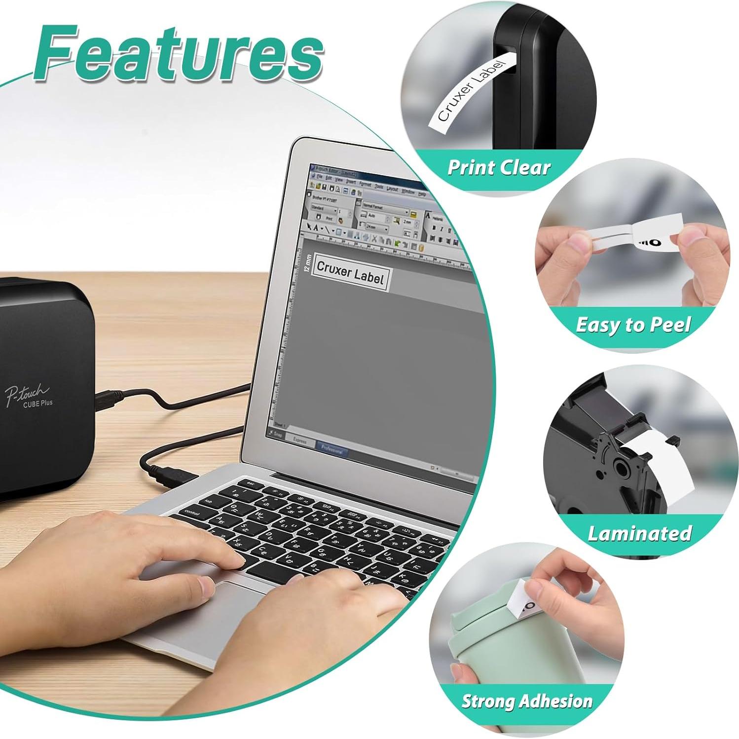 Cinta de Etiqueta Laminada Cruxer TZe-231 12mm Negra sobre Blanca - 10 Paquete