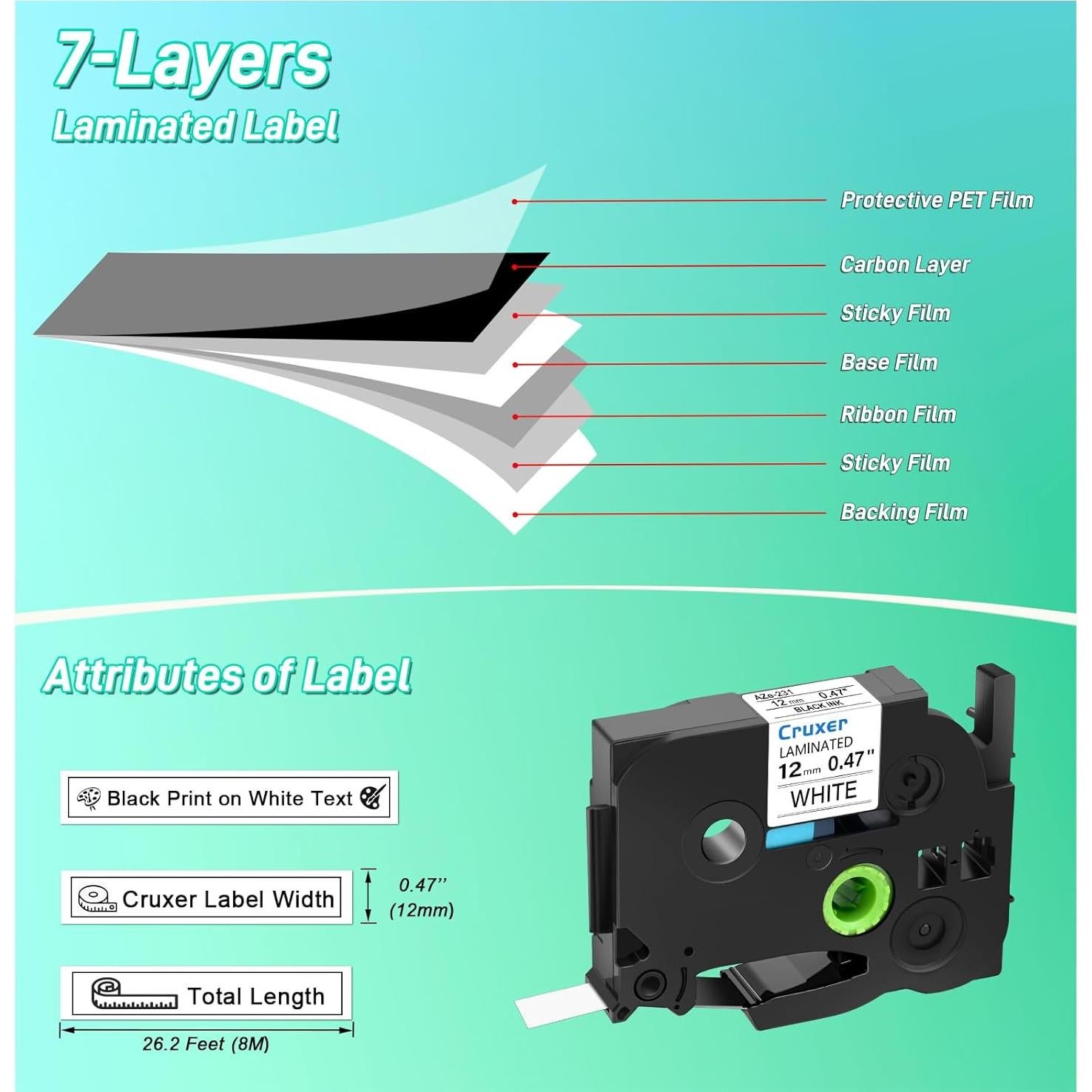 Cinta de Etiqueta Laminada Cruxer TZe-231 12mm Negra sobre Blanca - 10 Paquete