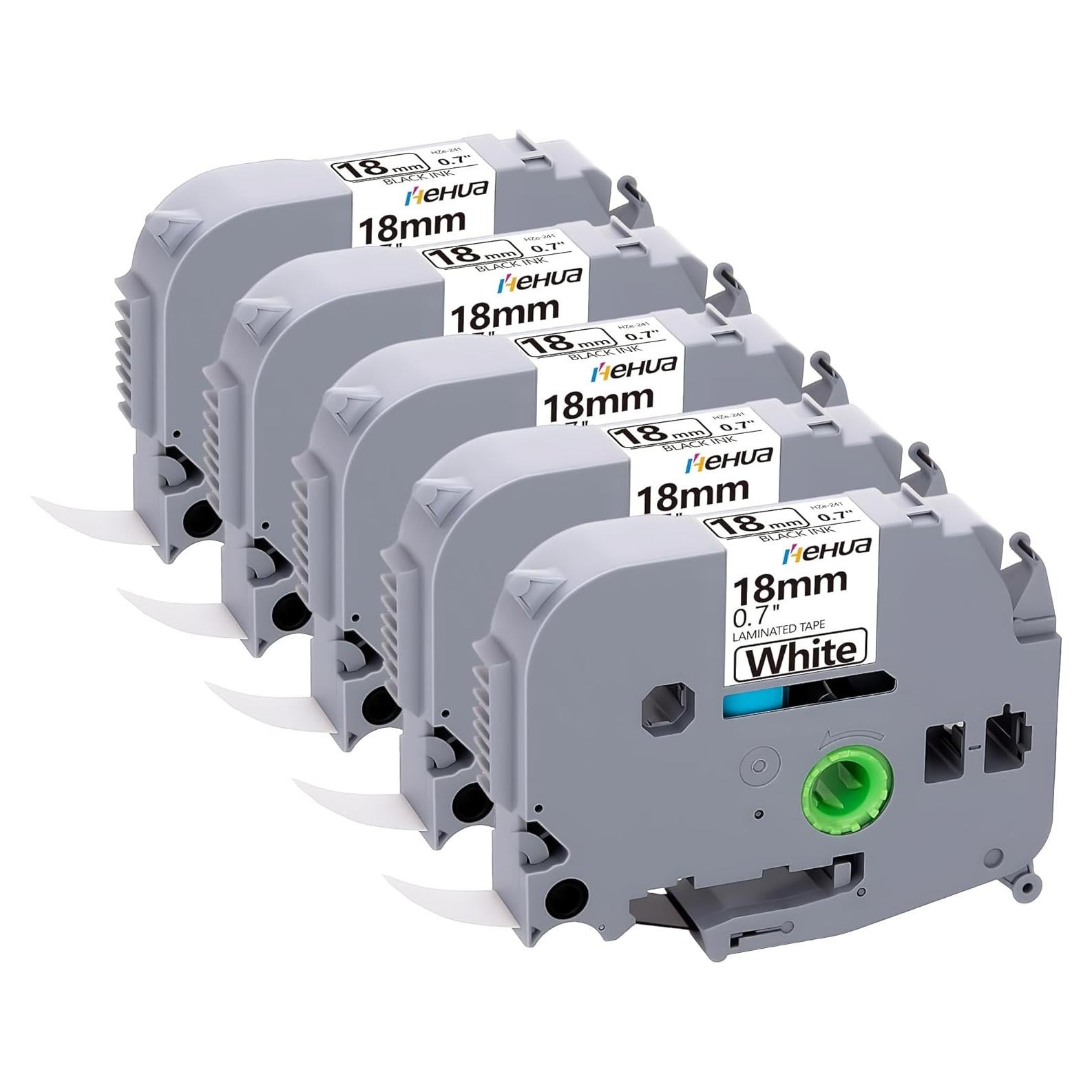 Cinta de Etiqueta Laminada Hehua TZe-241 18mm Negra sobre Blanca - Paquete de 5