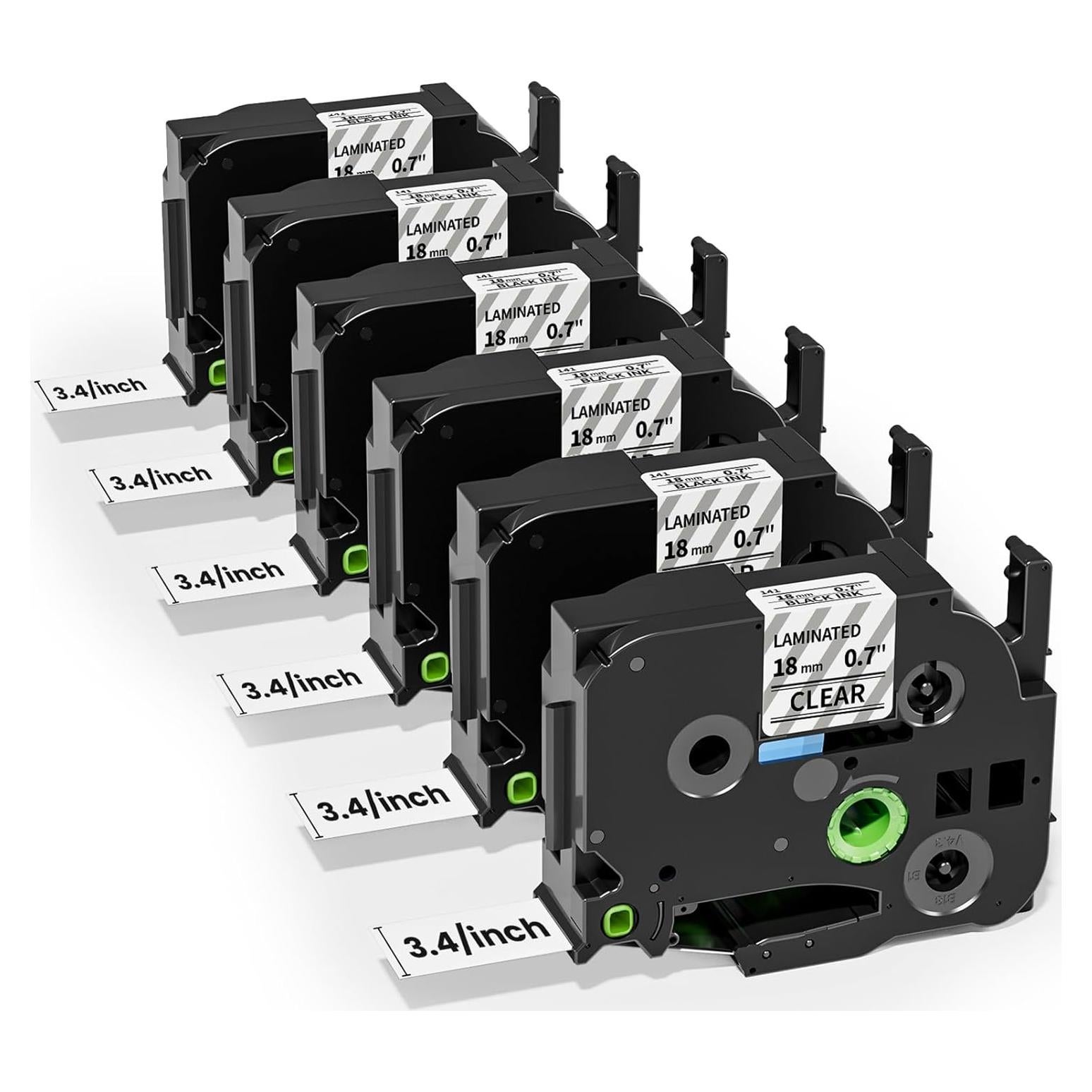 Cinta de Etiquetas Laminada COLORTY TZe-141 18mm Negro Transparente - 6 Rollos