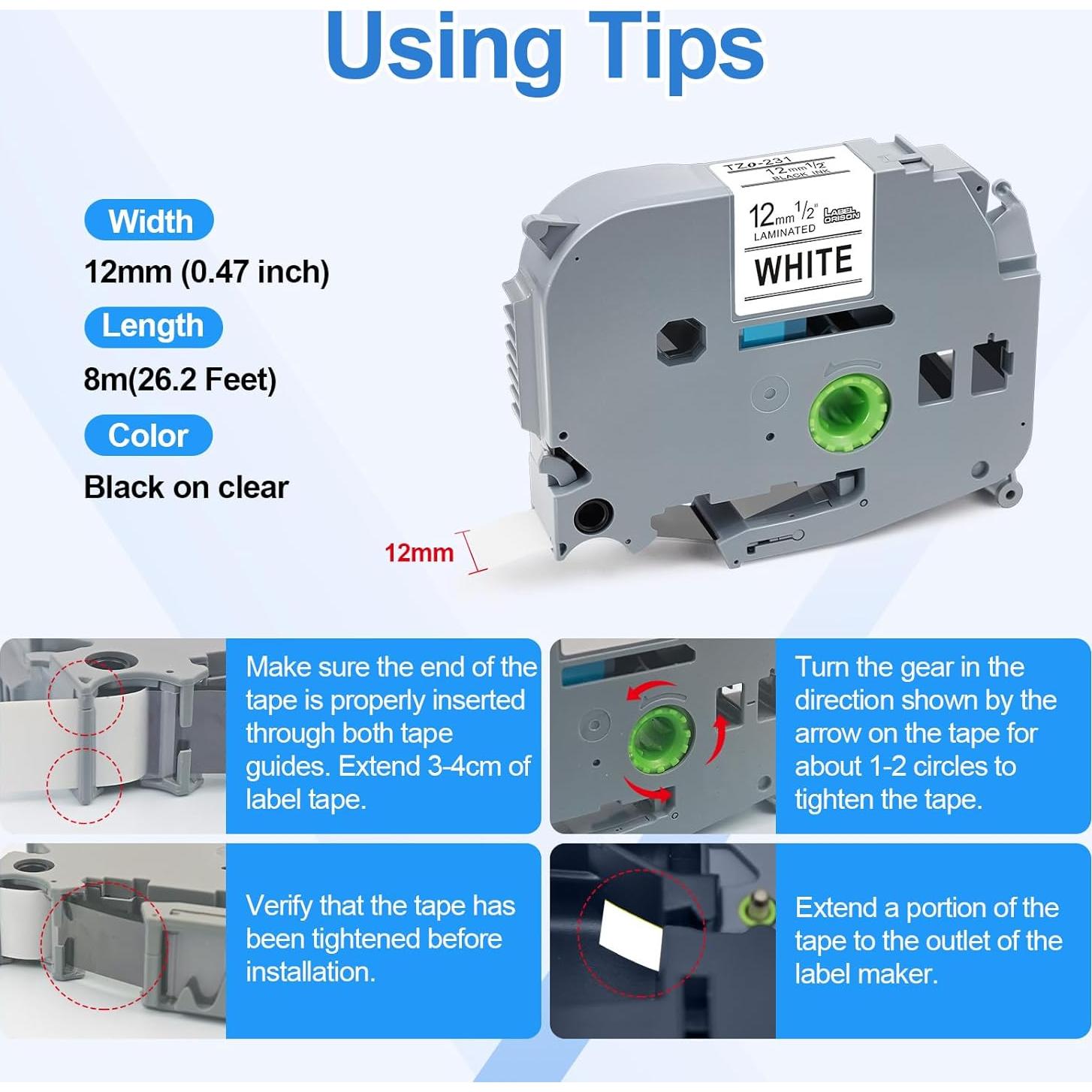 Cinta de Etiqueta Orison TZe-131 Negra Transparente 12mm 5PK