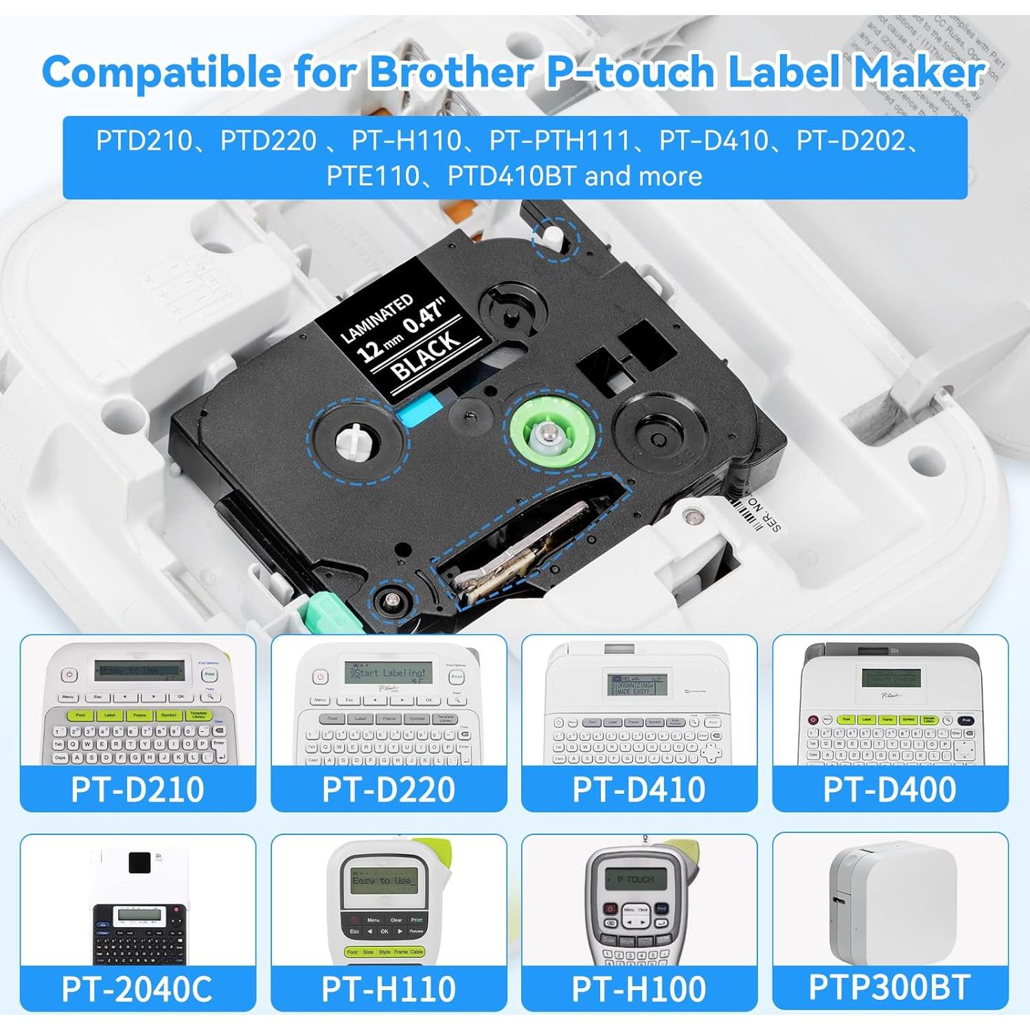 Cinta de Etiqueta Laminada AONOMI TZe-335 12mm Negra sobre Blanca - Paquete de 4