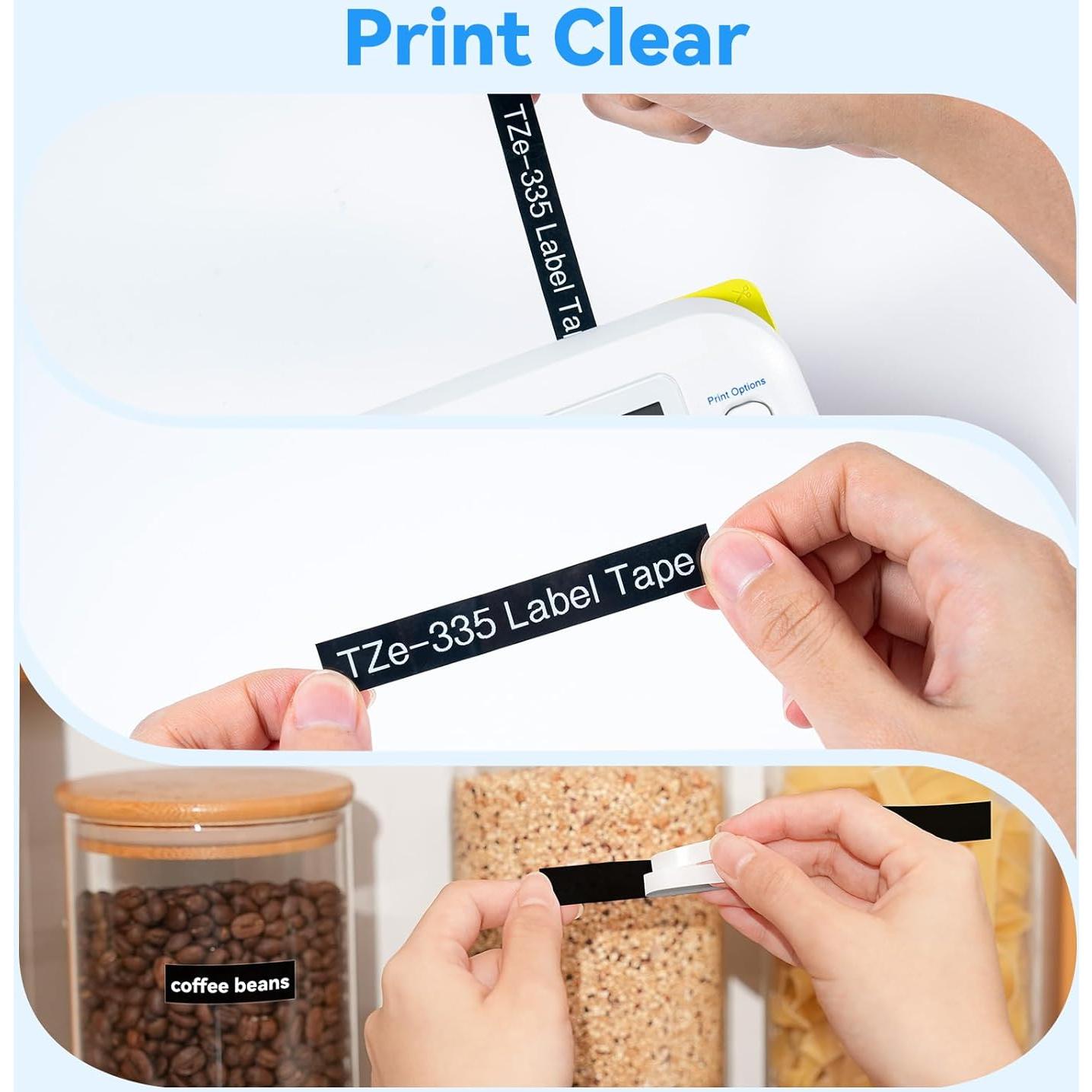 Cinta de Etiqueta Laminada AONOMI TZe-335 12mm Negra sobre Blanca - Paquete de 4