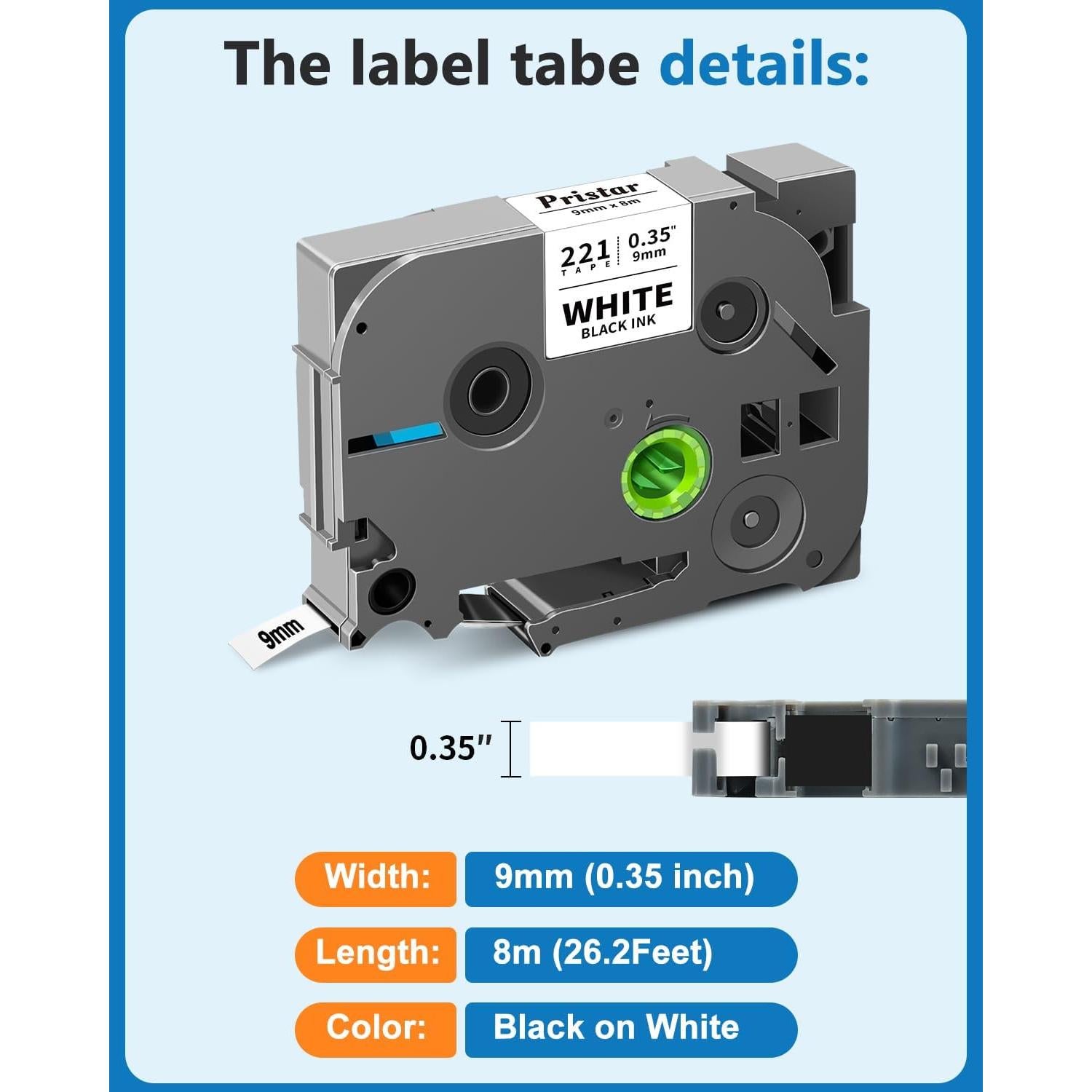 Cinta de Etiquetas Pristar TZe-221 9mm Laminada Blanca - Paquete de 4