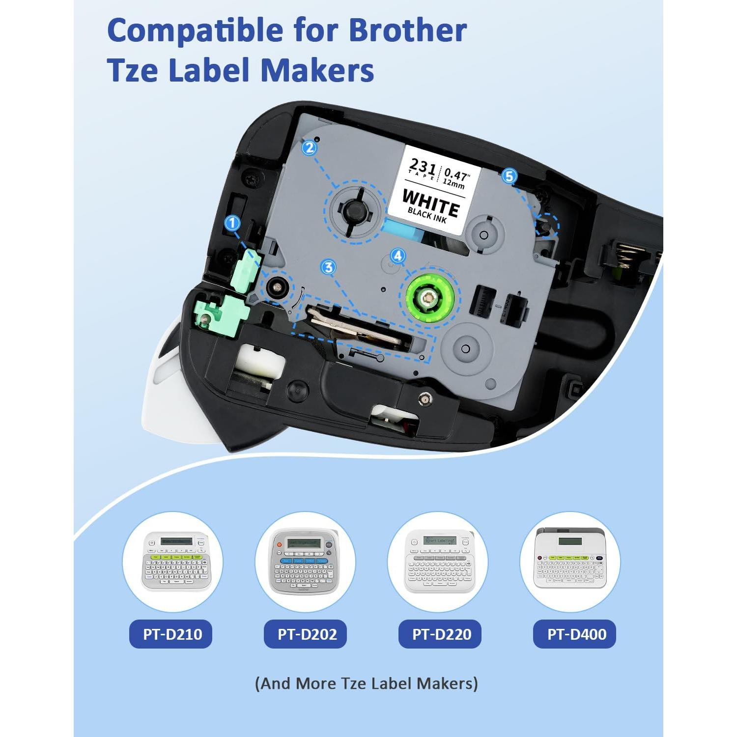 Cinta de Etiqueta Laminada 12mm VEQWC TZe-231 Negra sobre Blanca - 6 Paquetes