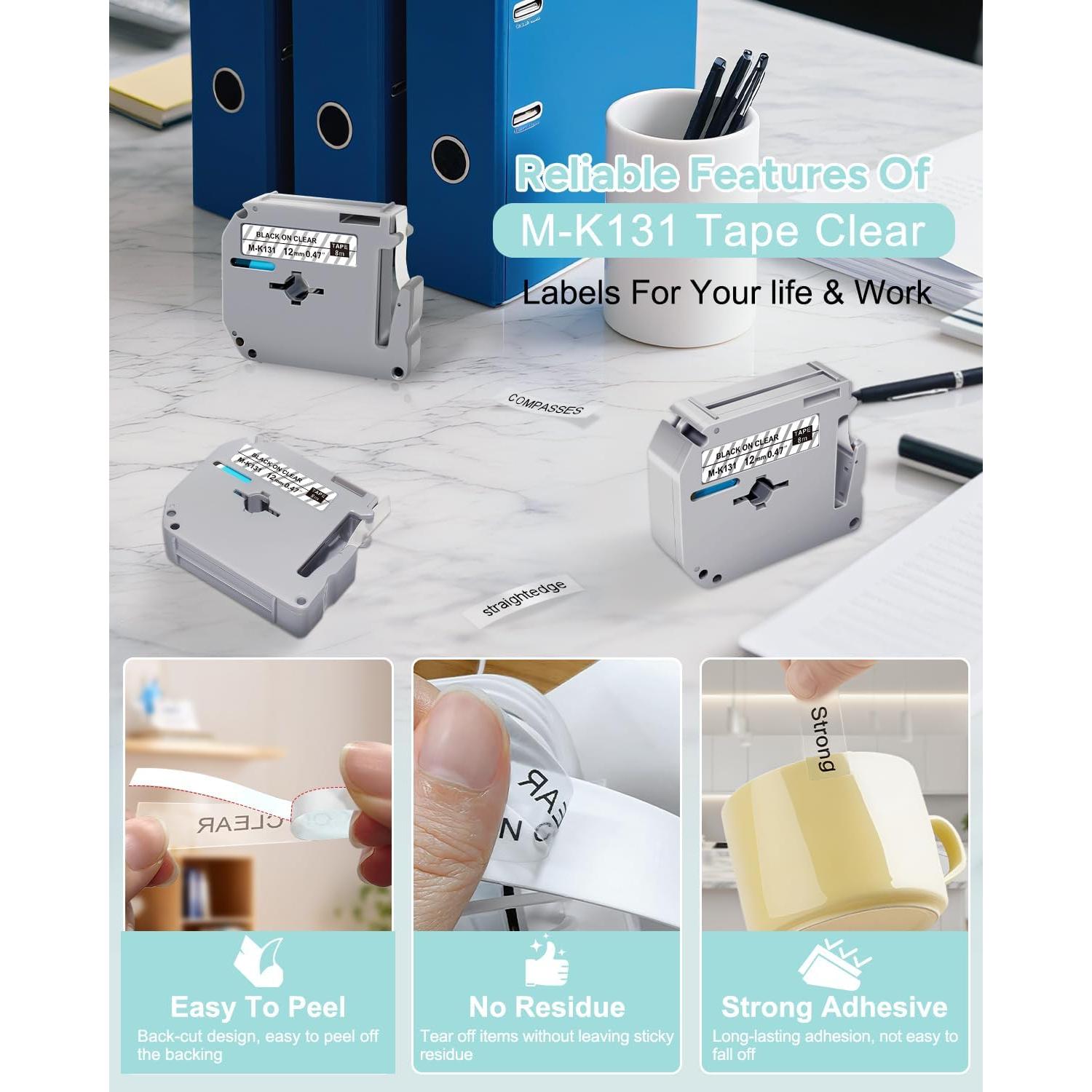 Cintas de Etiqueta BOYEEZON M-K131 12mm Negro sobre Transparente 5 Pack