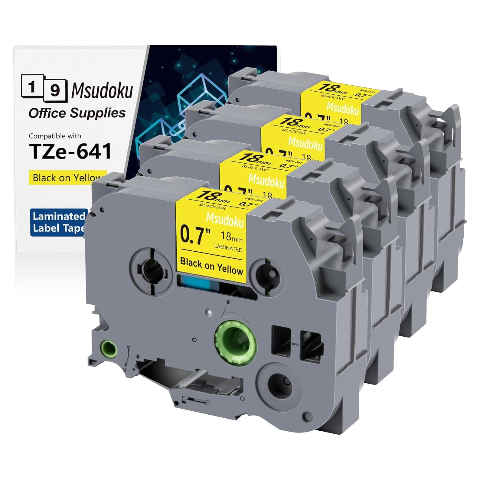 Paquete de 4 Cintas Laminadas Msudoku TZe-641 18mm Negro Amarillo