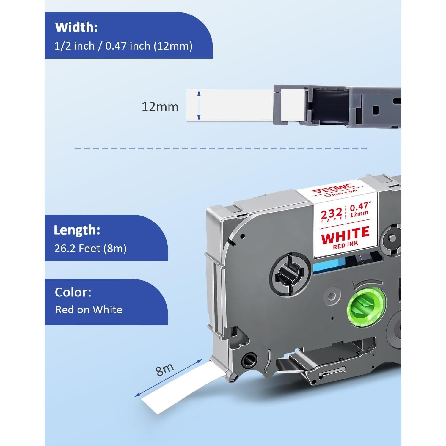 Cinta de Etiqueta 12mm VEQWC TZe-232 Roja sobre Blanca