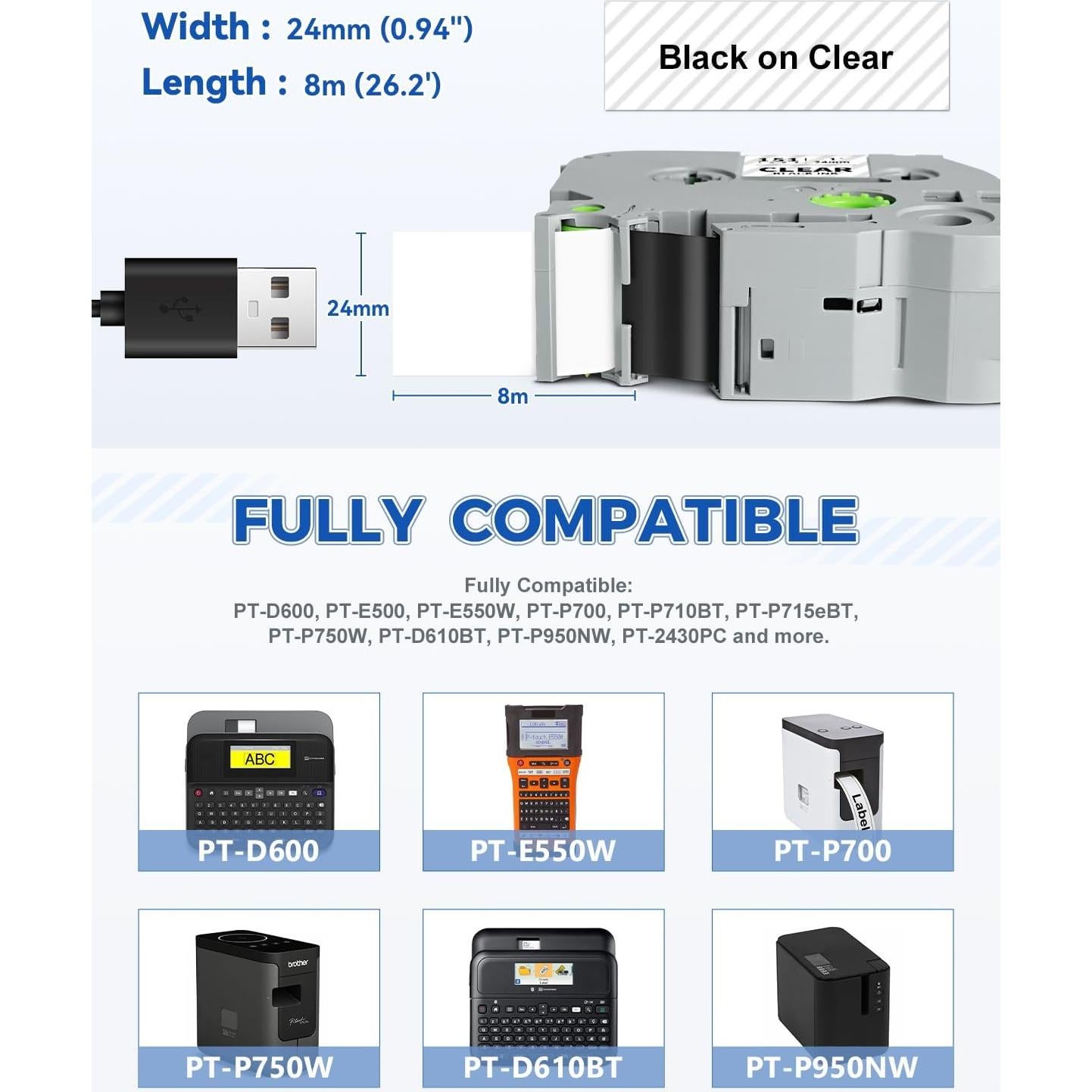 Cinta de Etiqueta Laminada 24mm HUIMAZJIA Negro sobre Transparente