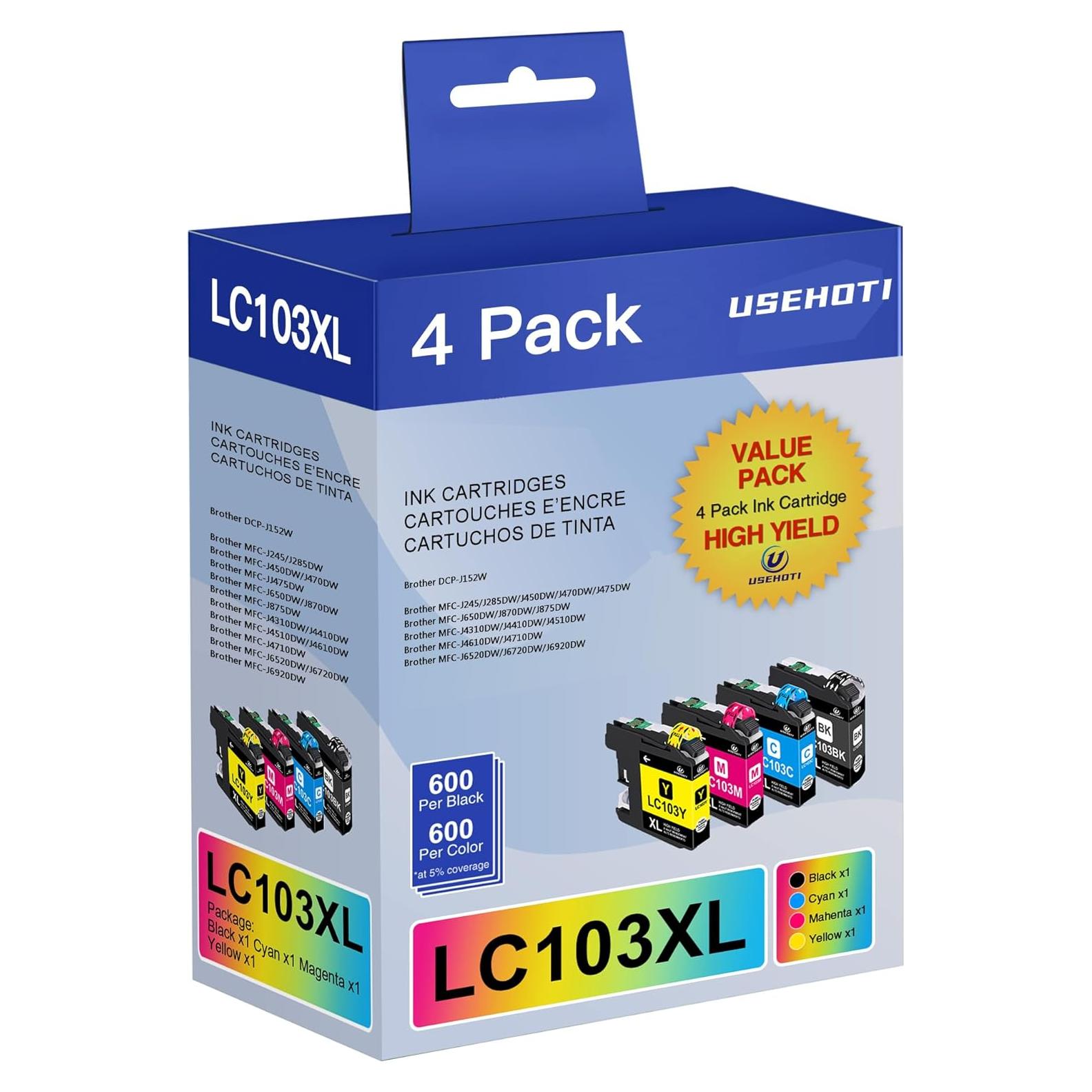 Cartuchos de tinta compatibles LC103XL USEHOTI - 4 paquetes (Negro, Cian, Magenta, Amarillo)