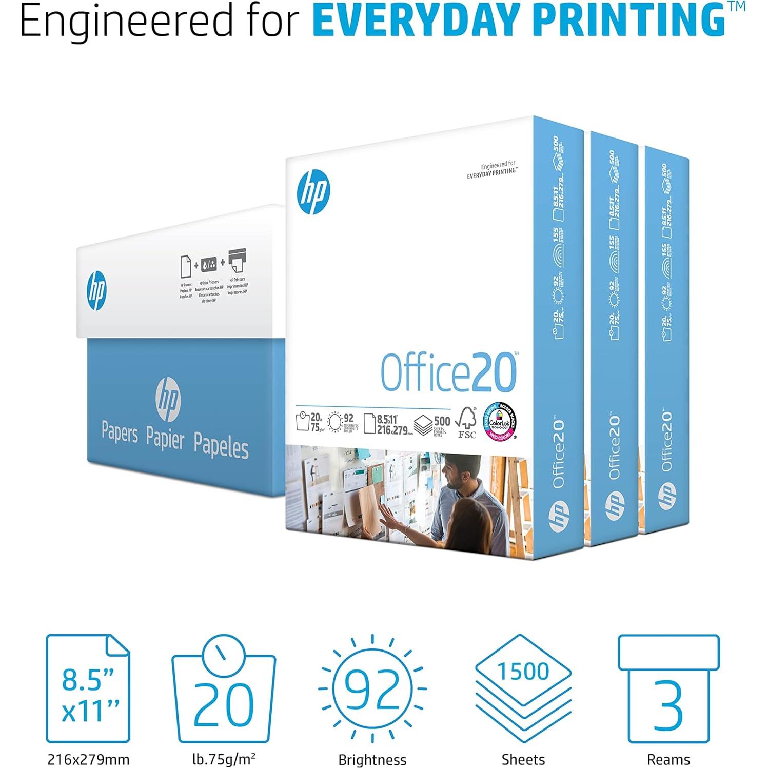 Papel de impresora HP Office20 20 lb 1500 hojas 21.59x27.94 cm