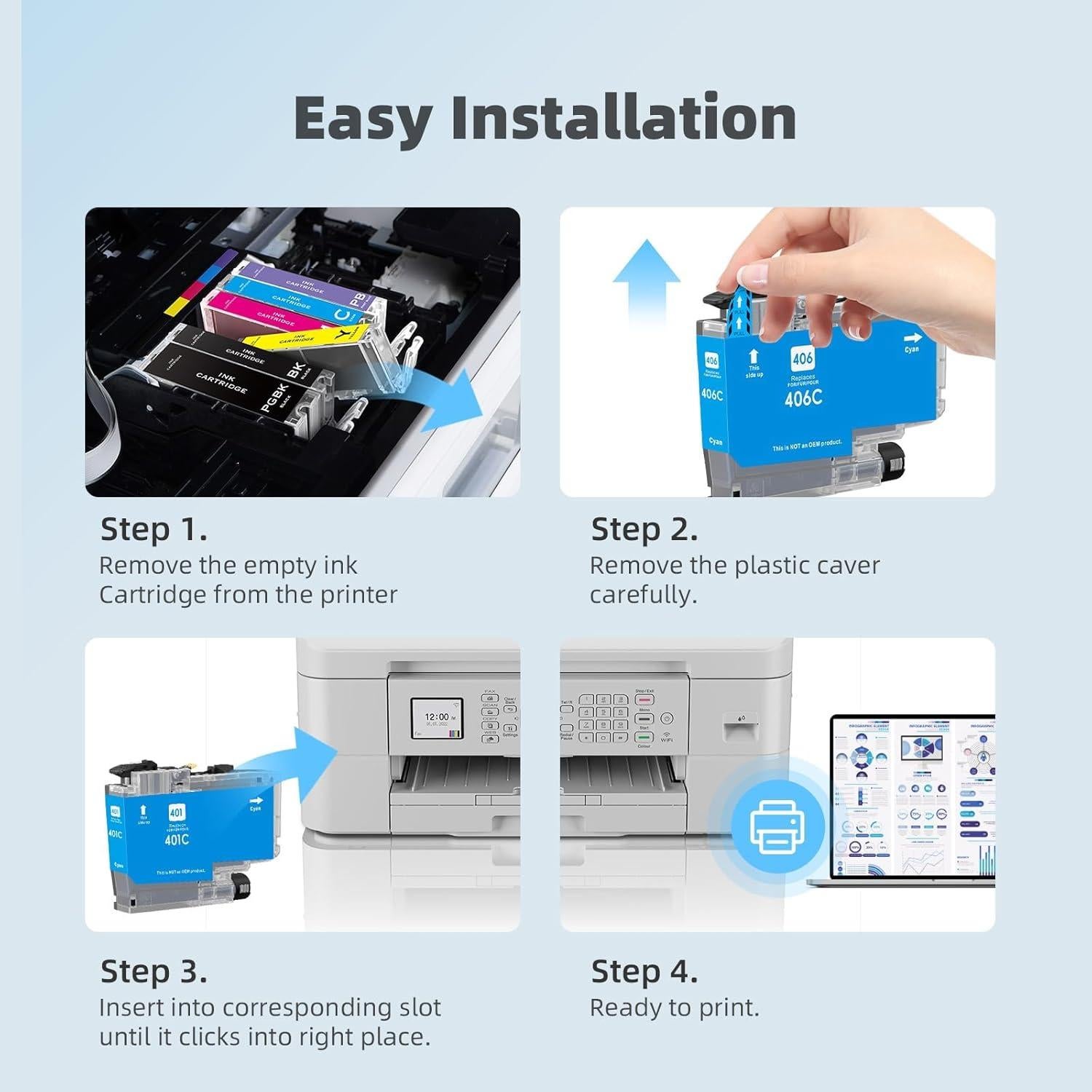 Cartuchos de tinta LC406 Belietop compatibles para Brother - Paquete de 4