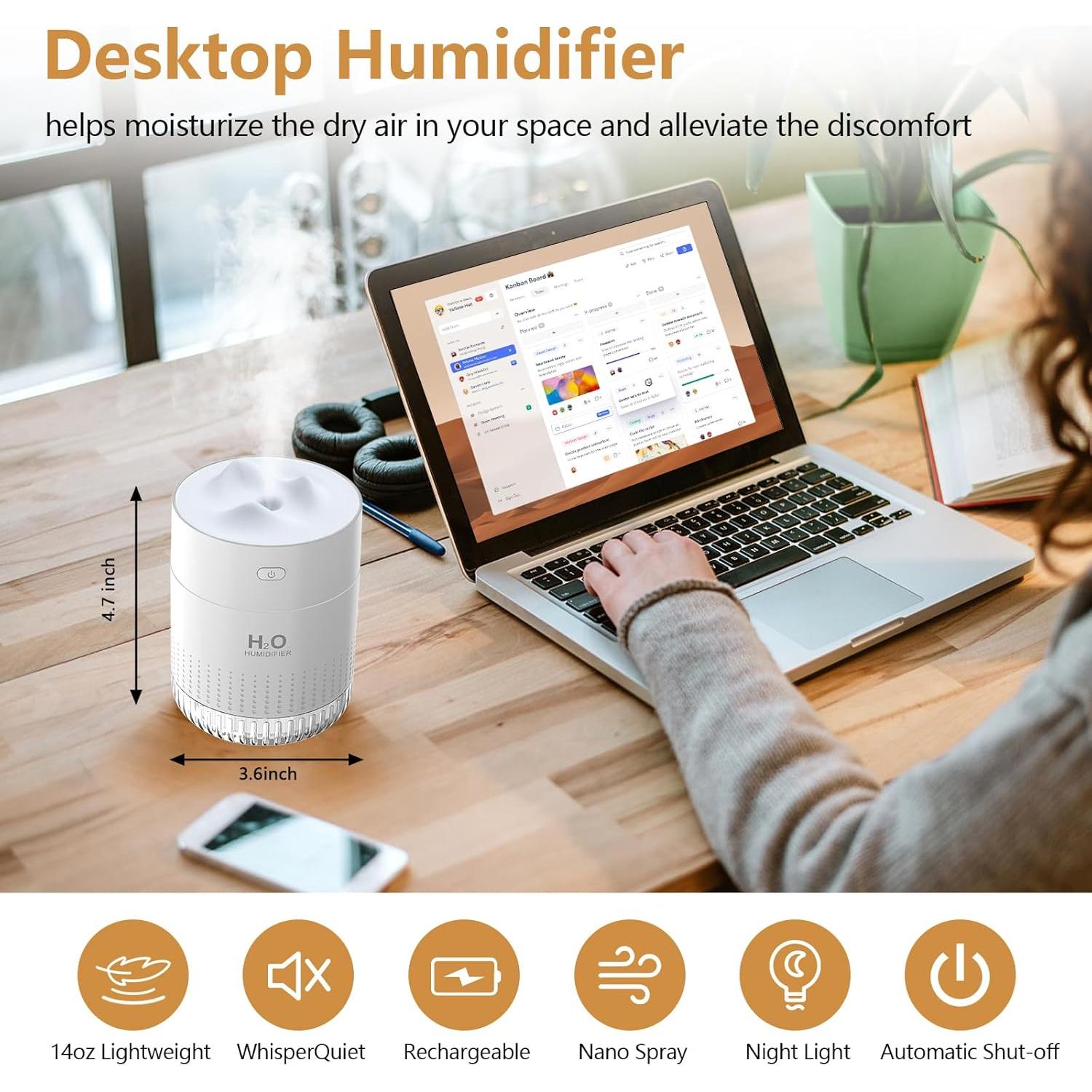 Humidificador Mini HOTBAG 350ml USB Silencioso Luz Nocturna