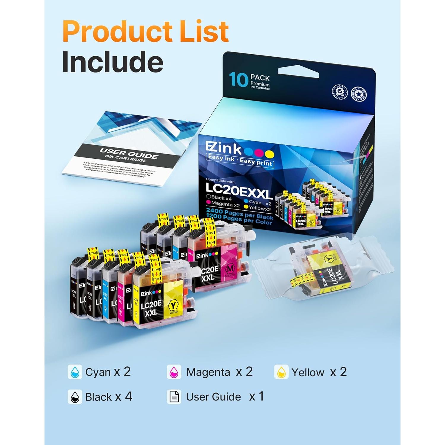 Cartuchos de tinta E-Z Ink LC20E para Brother - Paquete de 10