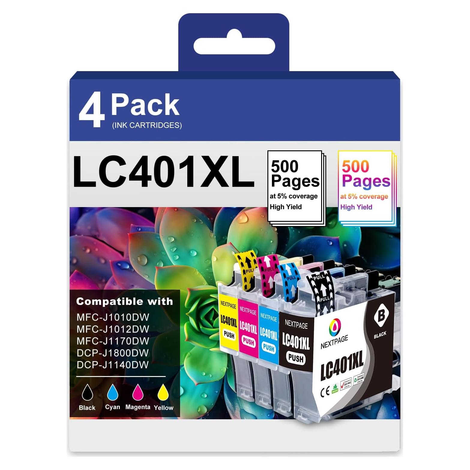 Cartuchos de tinta LC401XL NEXTPAGE para Brother MFC-J1010DW - Paquete de 4