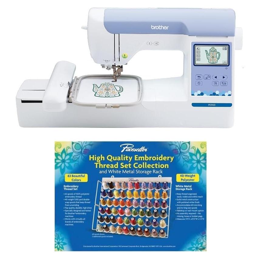 Máquina de Bordar Brother PE900 con WLAN y Set de Hilo 63 Colores
