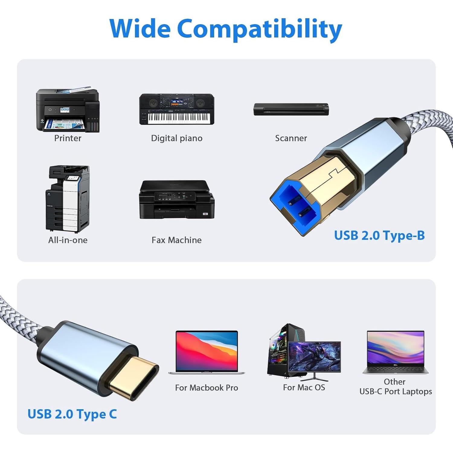 Cable de impresora USB B a C 2.0 AIAUXAI 2M Gris